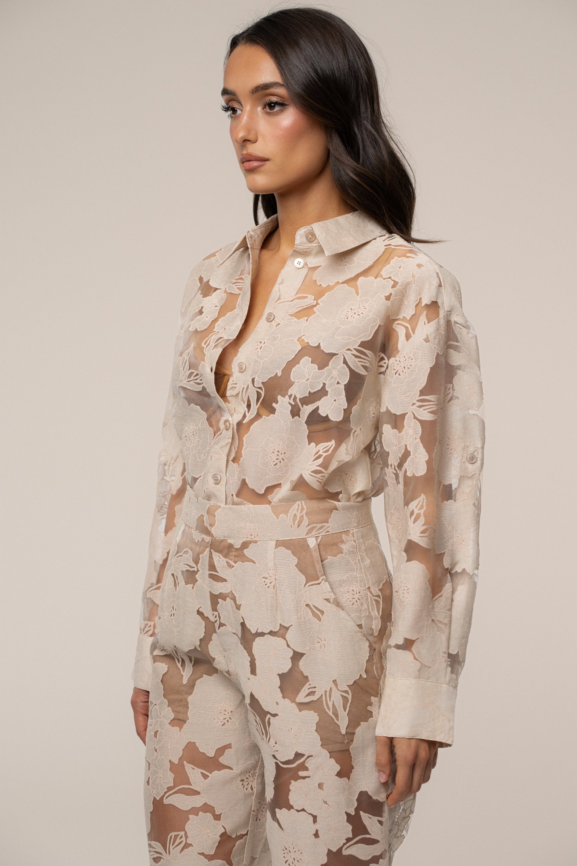 PRE-ORDER Beige Organza Floral Blouse NEWFASHIONEDGE