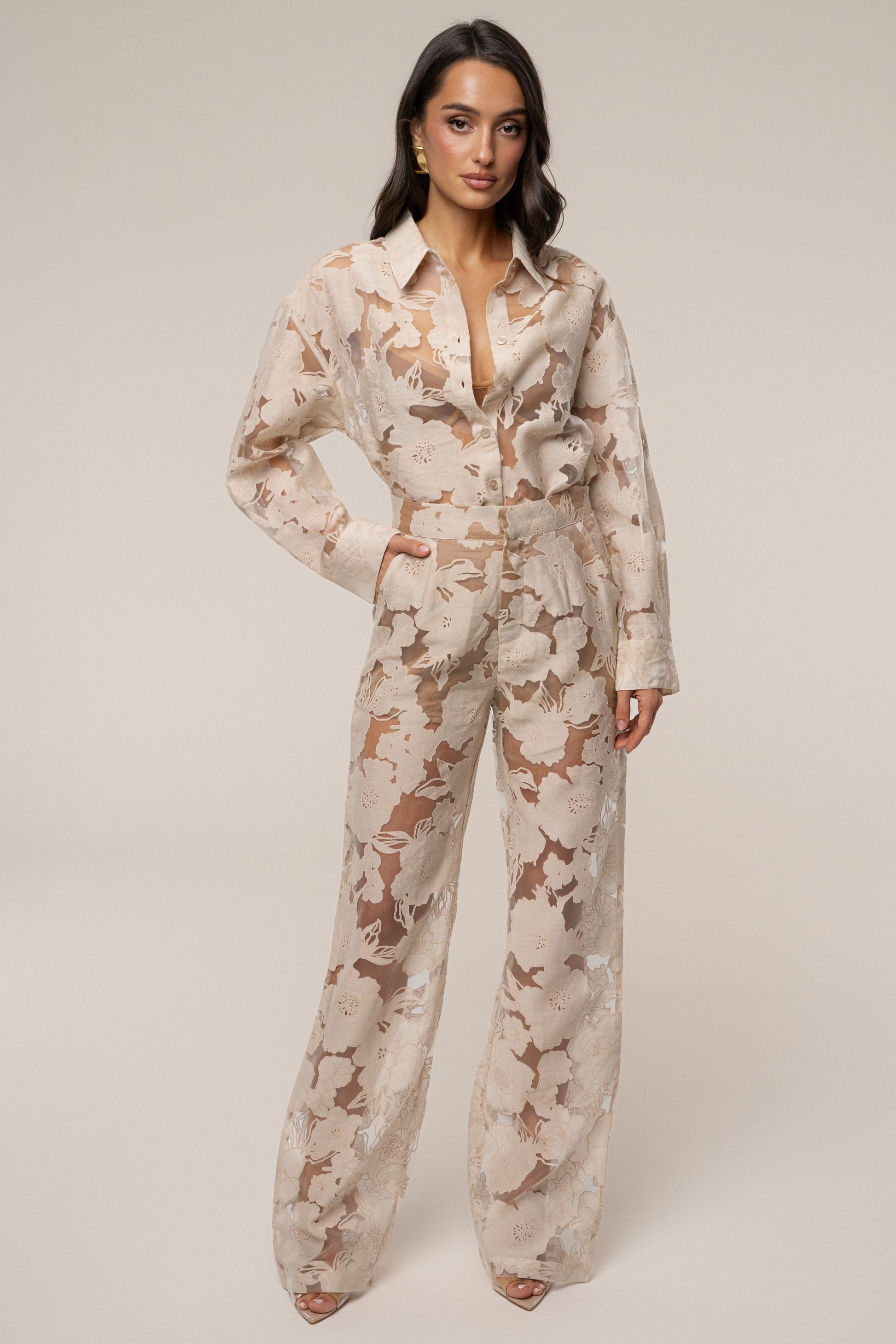 PRE-ORDER Beige Organza Floral Blouse NEWFASHIONEDGE