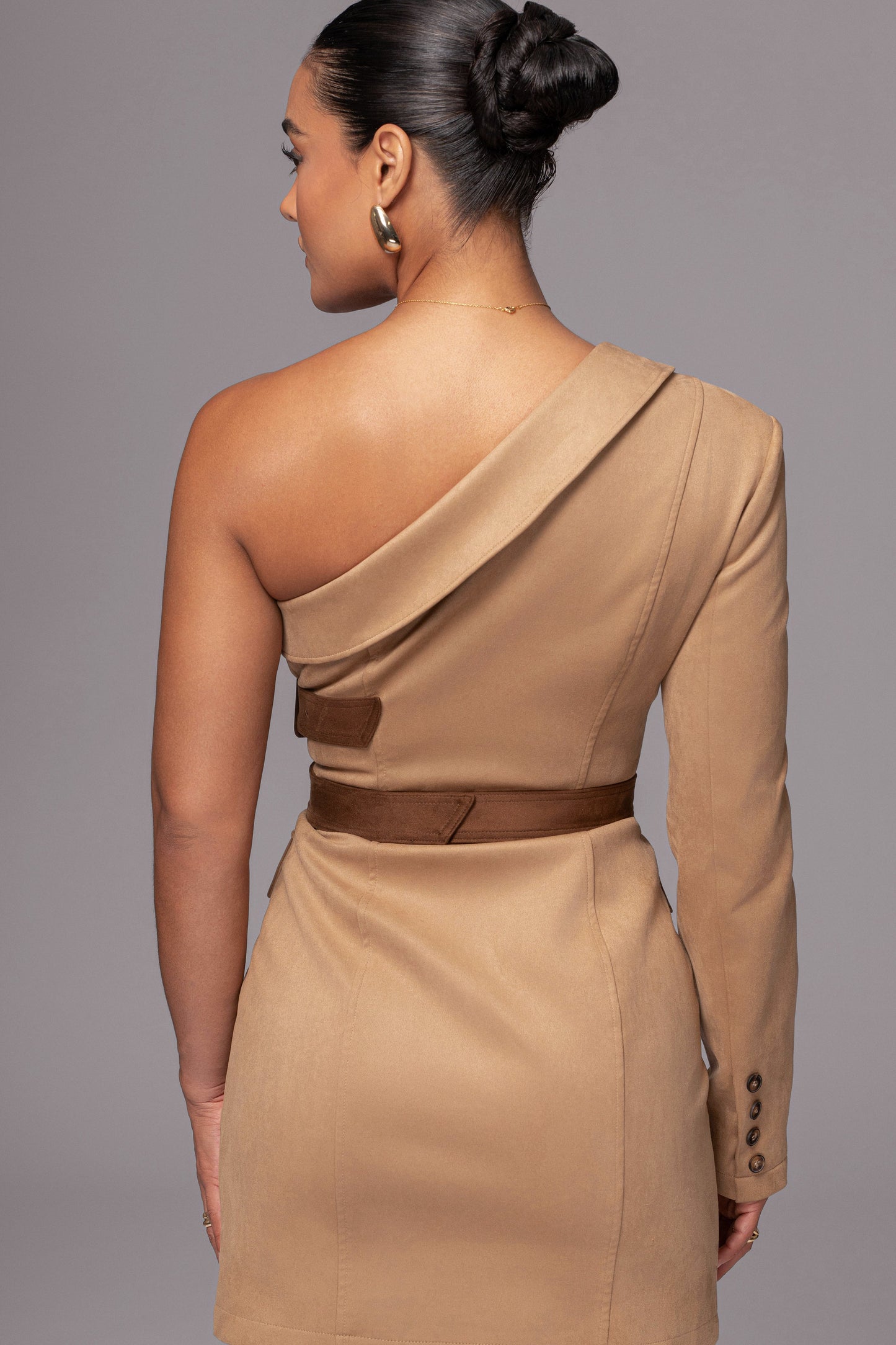 Beige One Shoulder Suede Blazer Dress JLUXLABEL