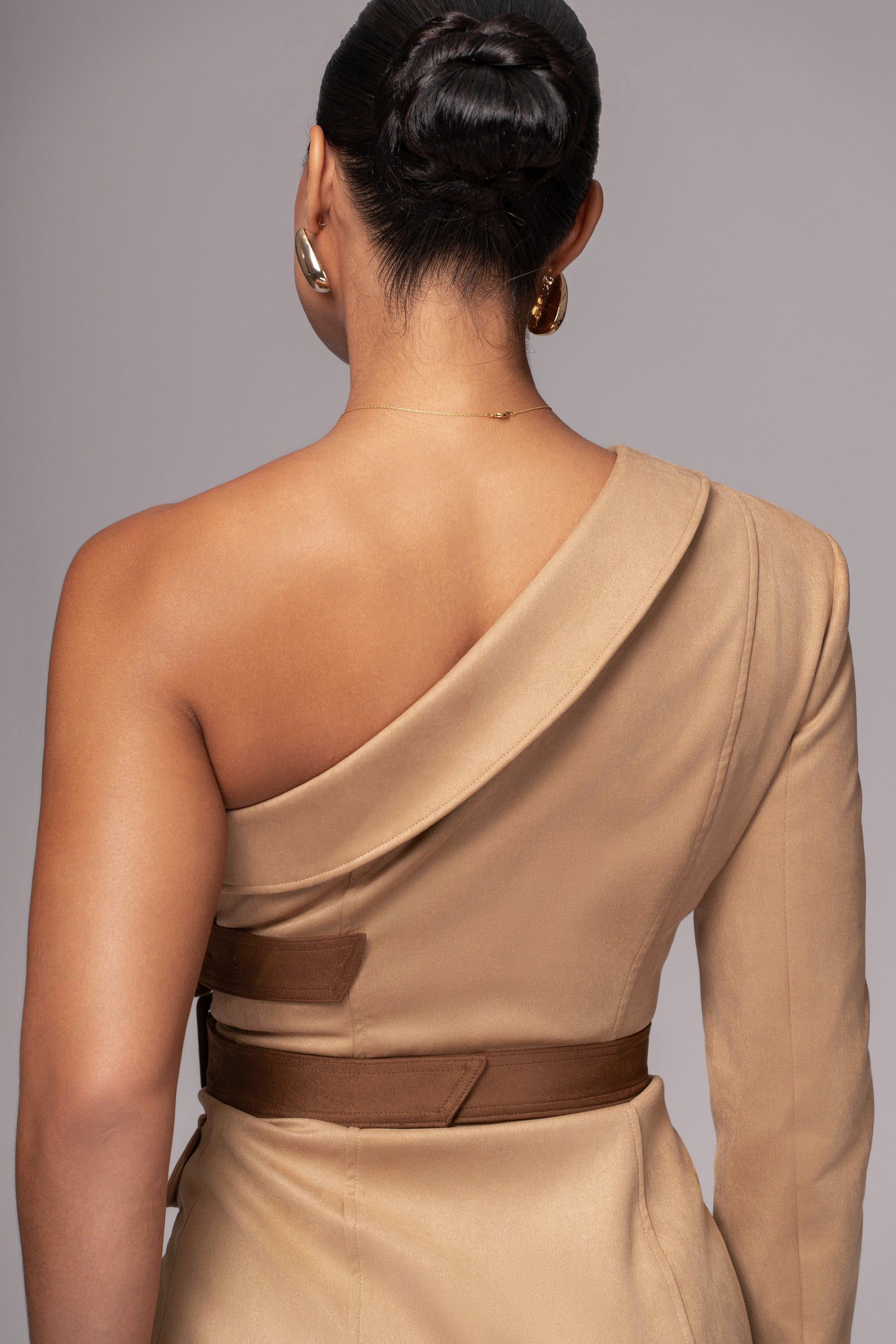 Beige One Shoulder Suede Blazer Dress JLUXLABEL