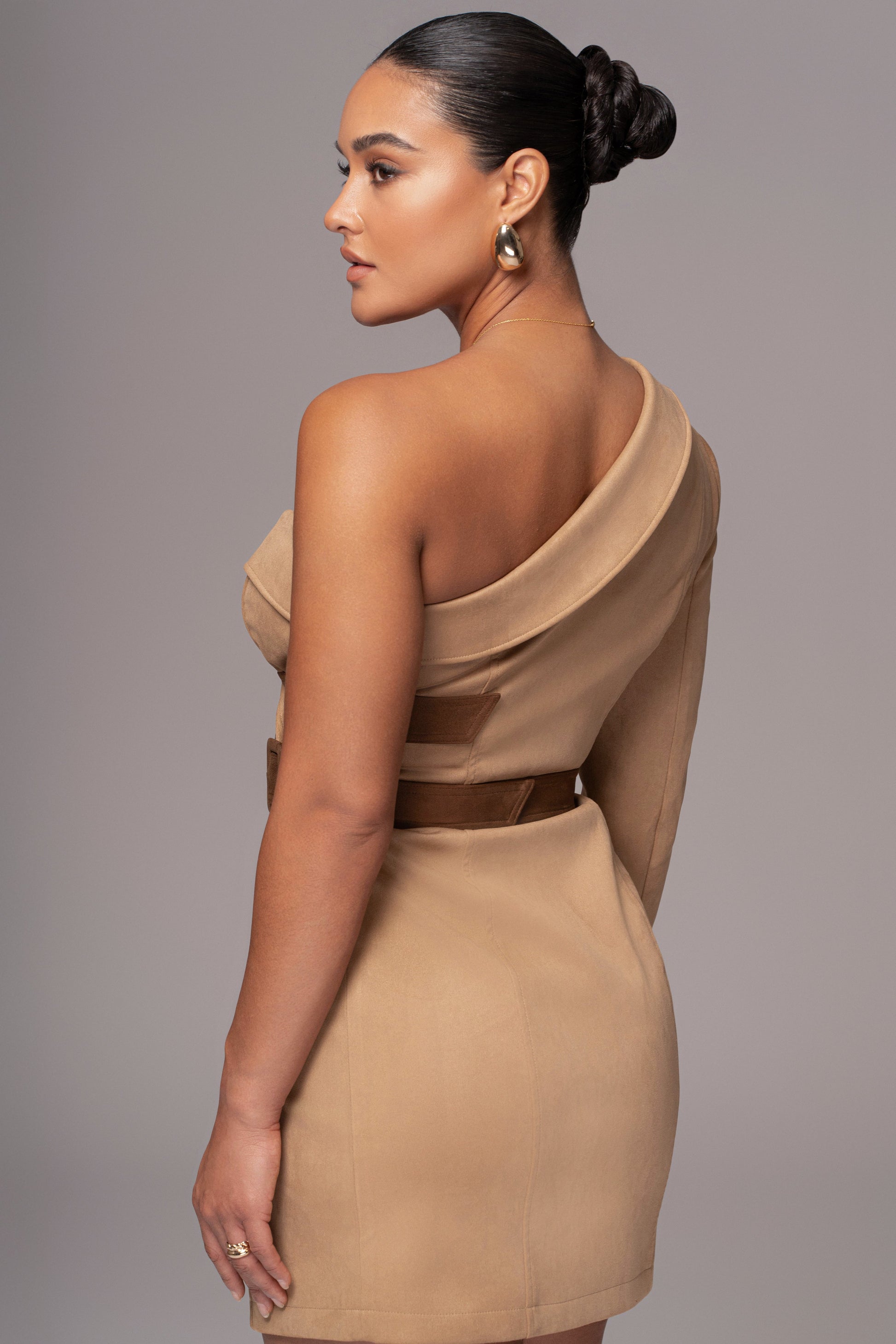 Beige One Shoulder Suede Blazer Dress JLUXLABEL