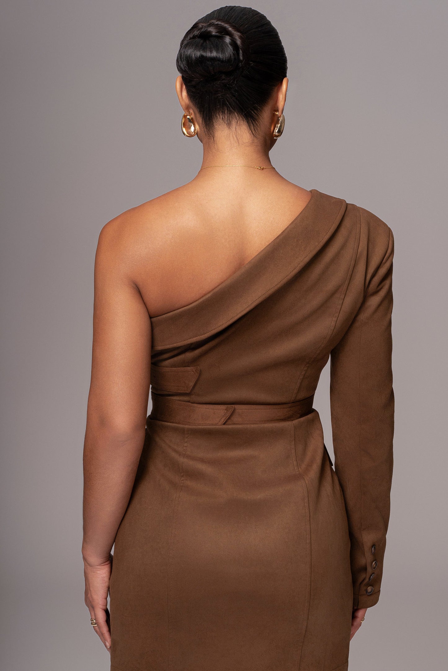 Chocolate One Shoulder Suede Blazer Dress JLUXLABEL