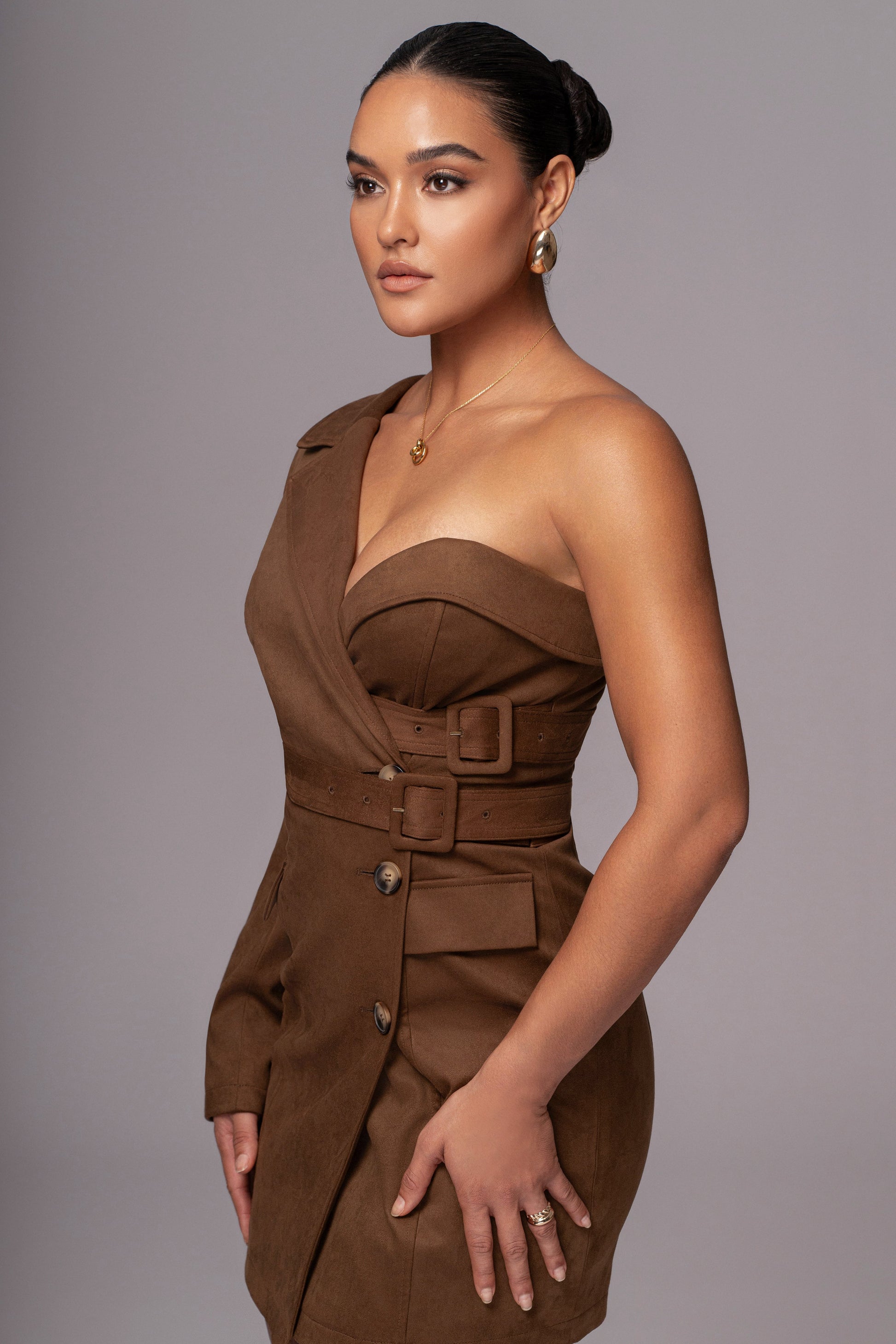 Chocolate One Shoulder Suede Blazer Dress JLUXLABEL