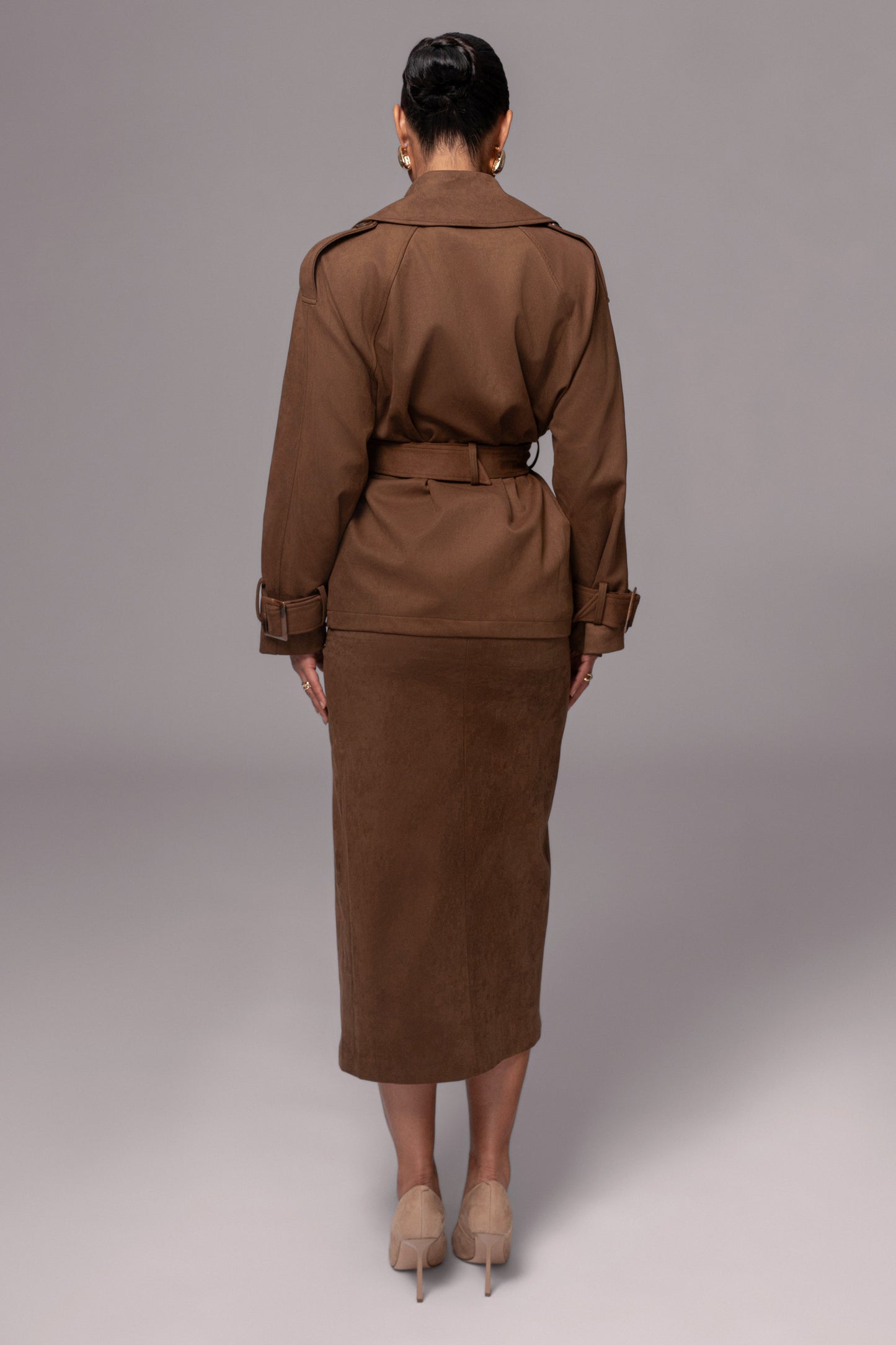 Chocolate Audrey Suede Midi Skirt JLUXLABEL