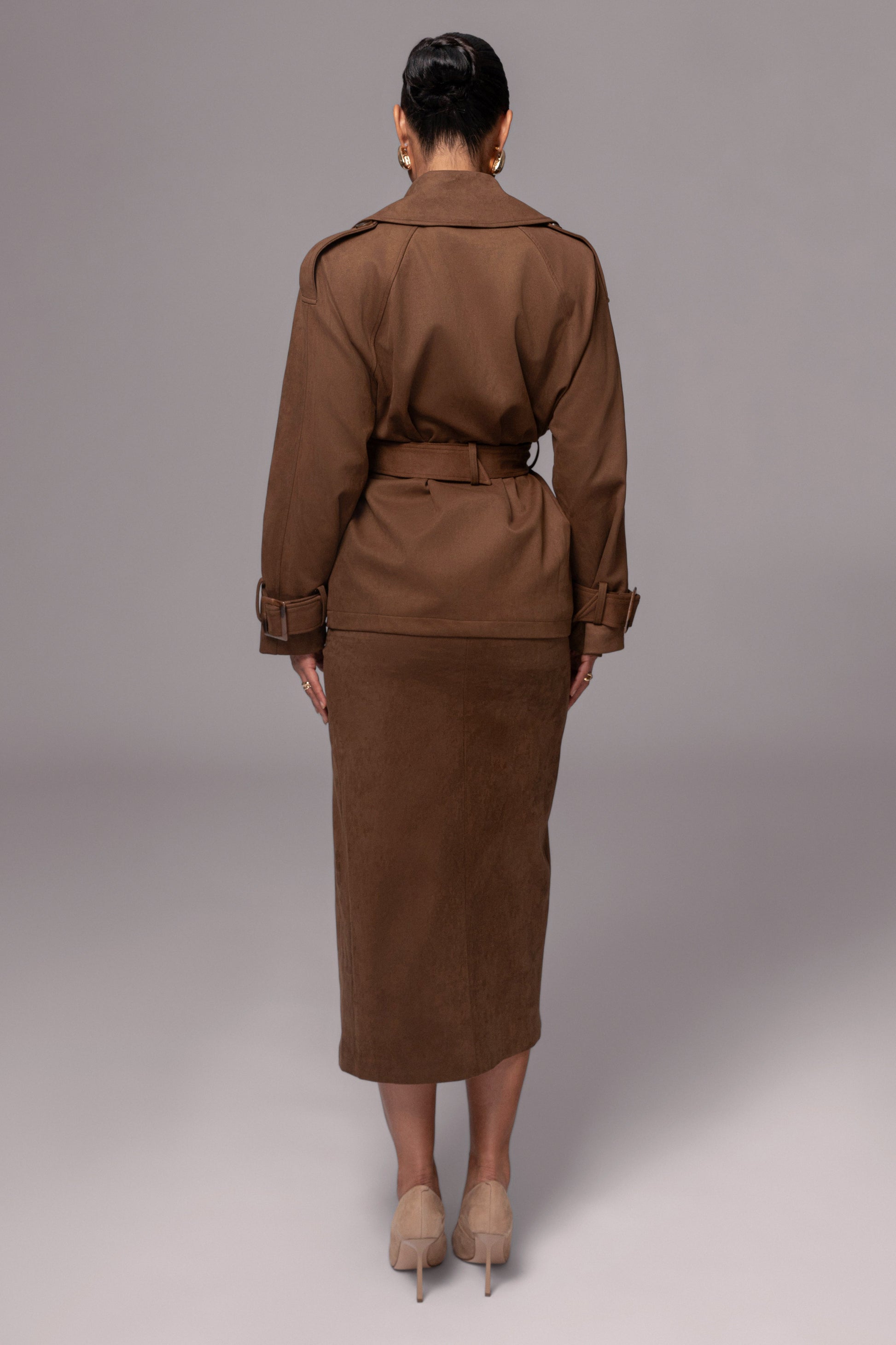 Chocolate Audrey Suede Midi Skirt JLUXLABEL