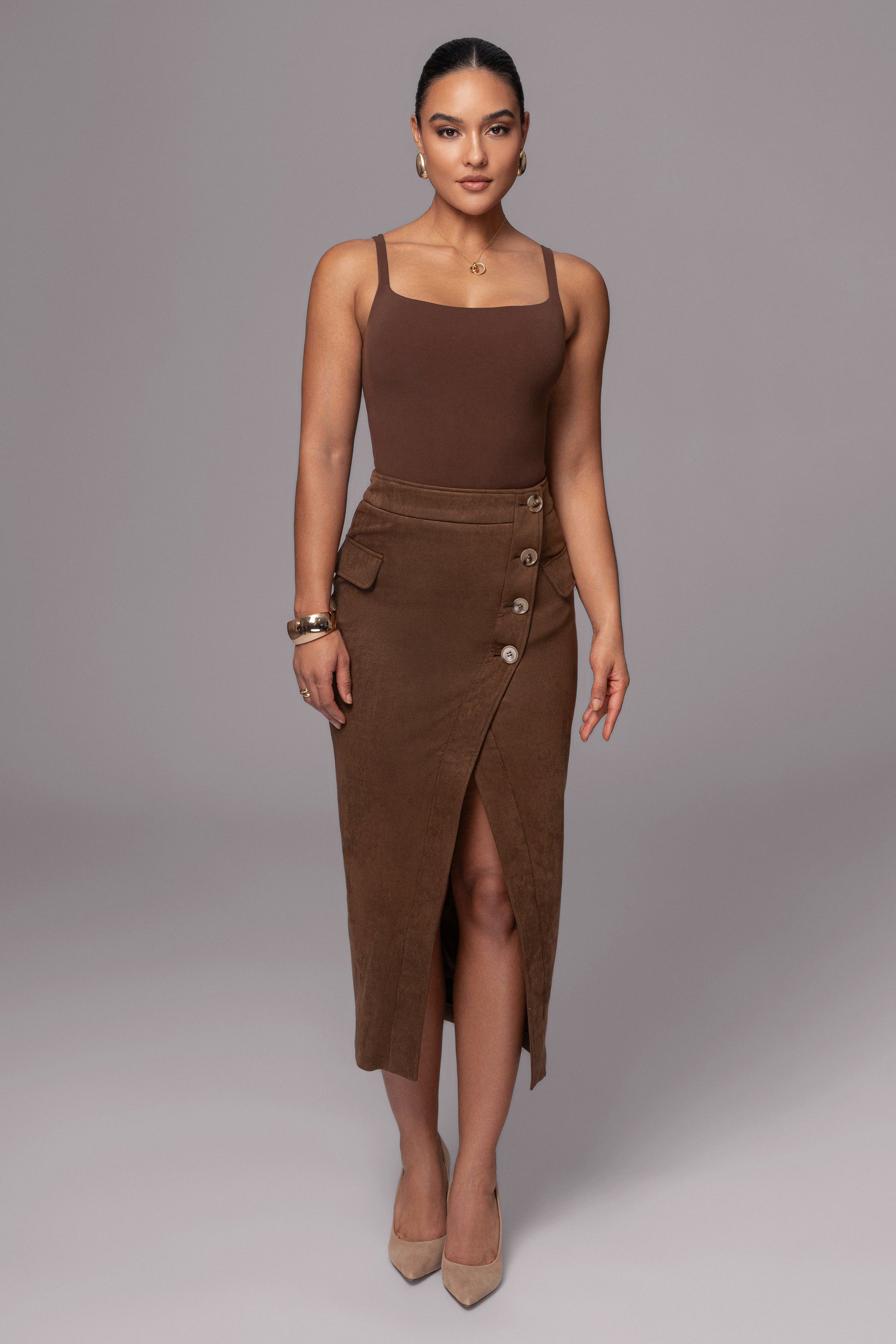Chocolate Audrey Suede Midi Skirt JLUXLABEL