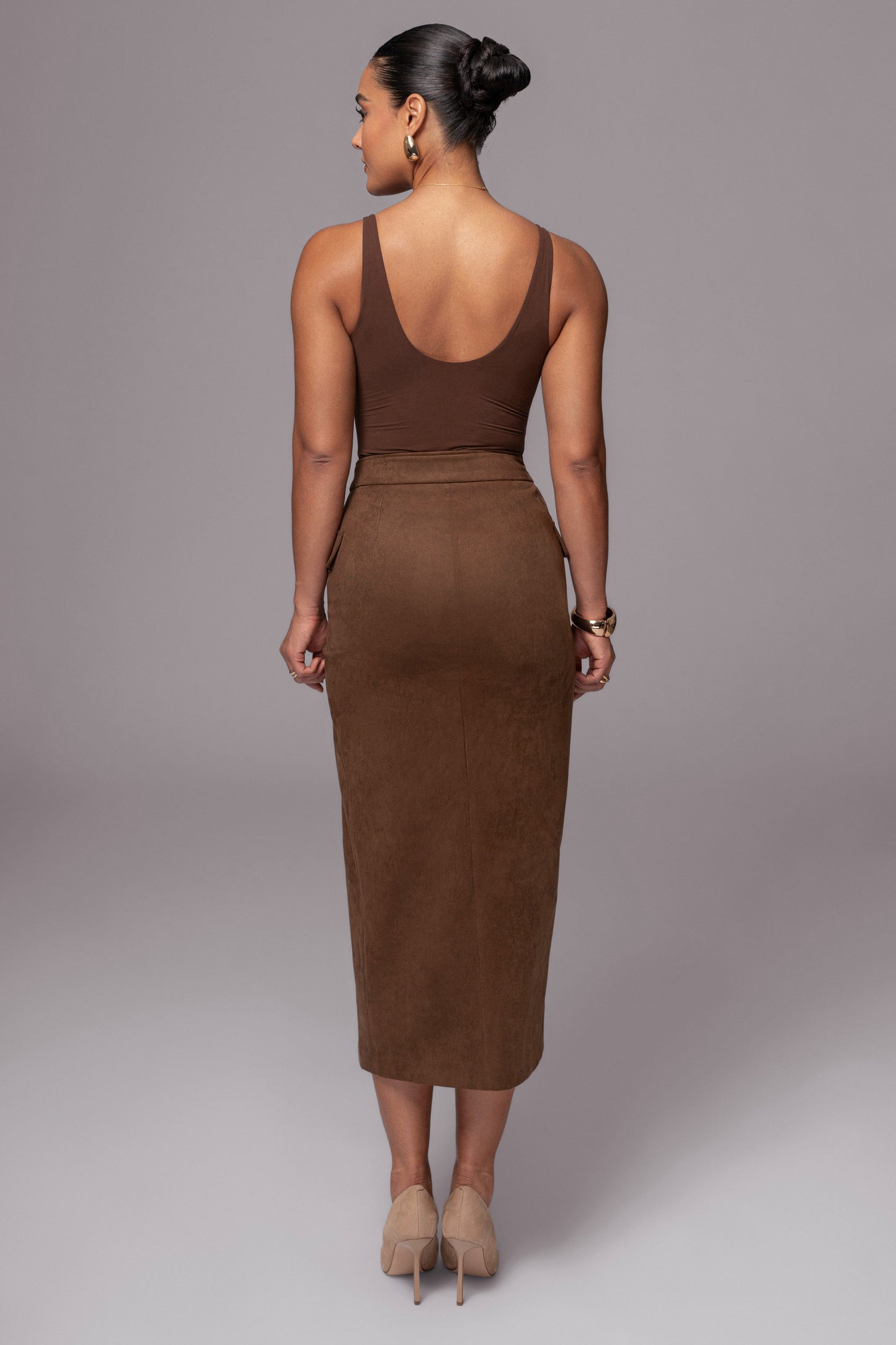 Chocolate Audrey Suede Midi Skirt JLUXLABEL