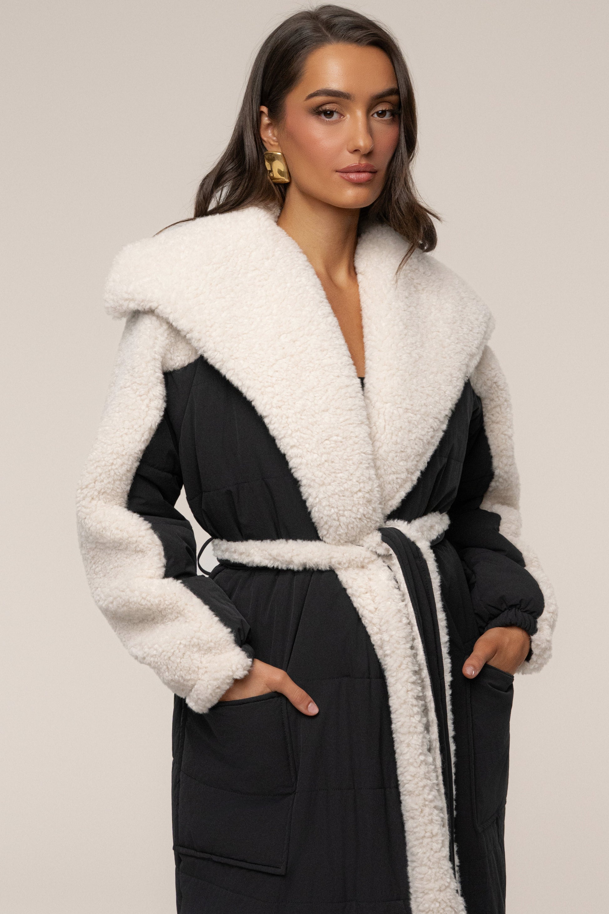 Black/Ivory Contrast Sherpa Coat JLUXLABEL
