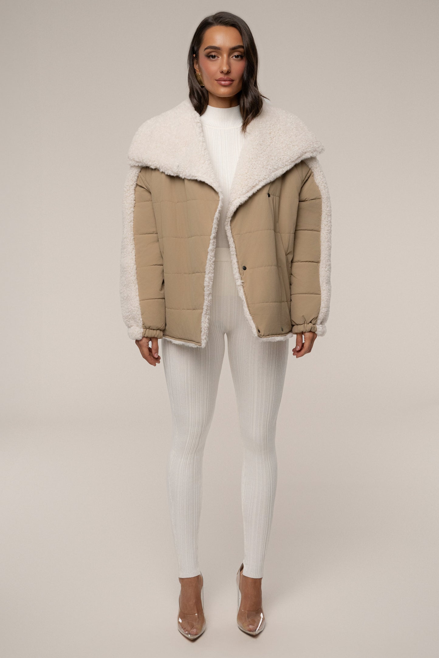 Beige/Ivory Contrast Sherpa Jacket JLUXLABEL