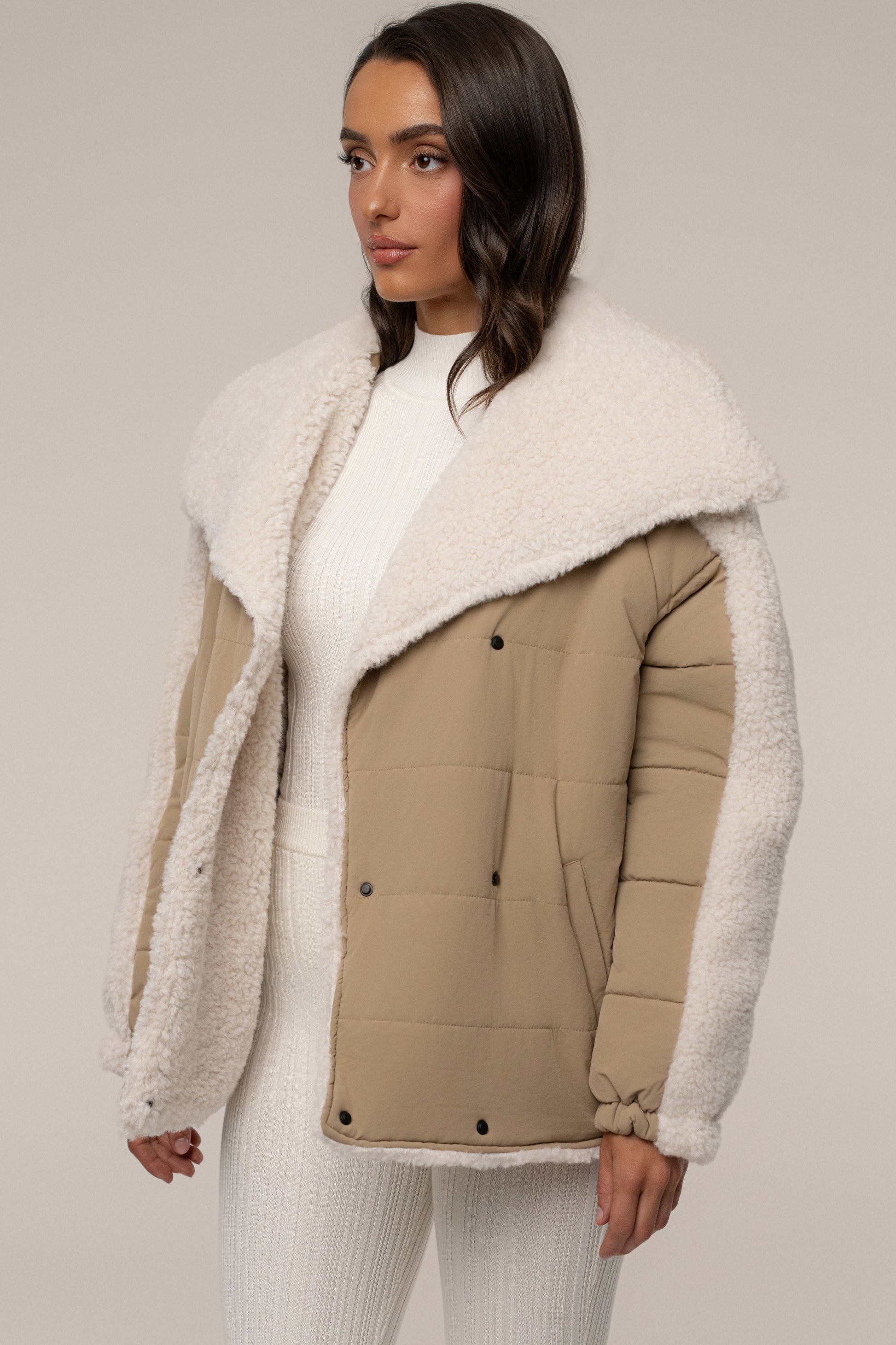 Beige/Ivory Contrast Sherpa Jacket JLUXLABEL