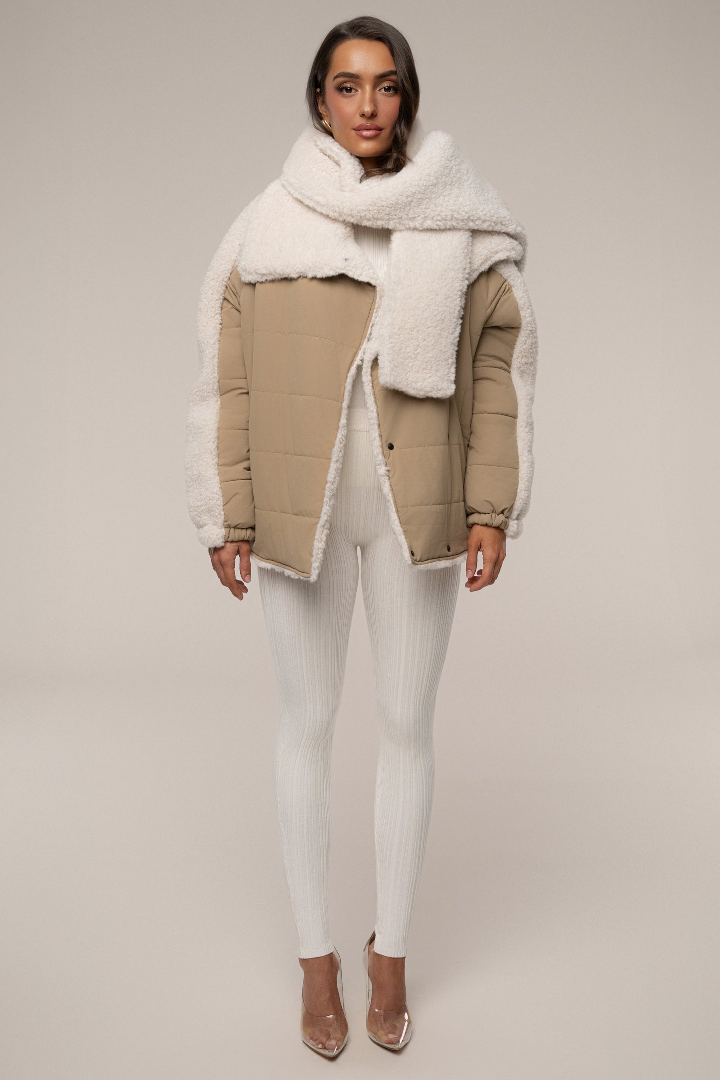 Beige/Ivory Contrast Sherpa Jacket JLUXLABEL