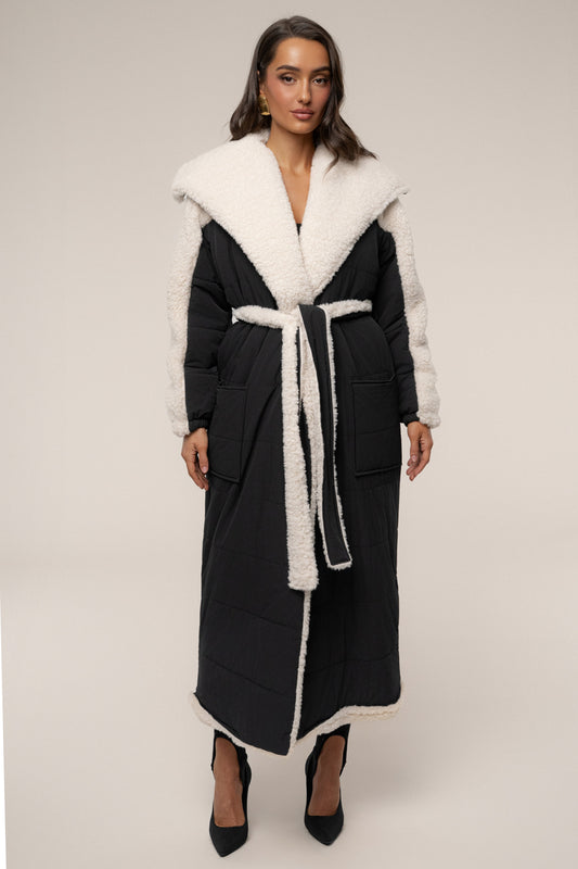 Black/Ivory Contrast Sherpa Coat JLUXLABEL