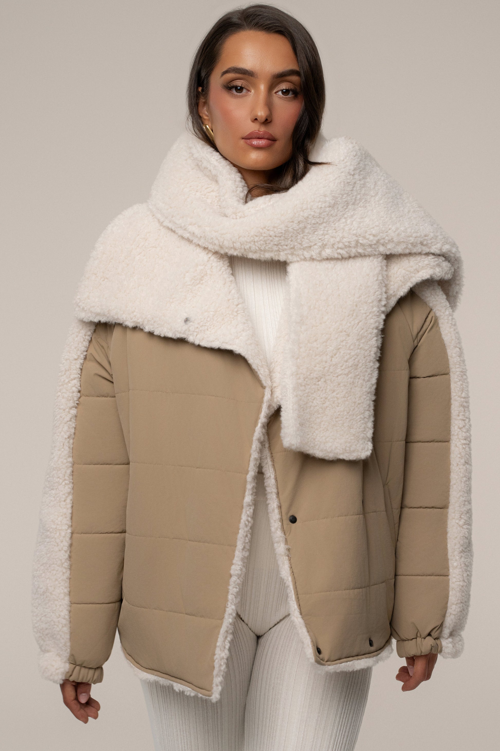 Beige/Ivory Contrast Sherpa Jacket JLUXLABEL