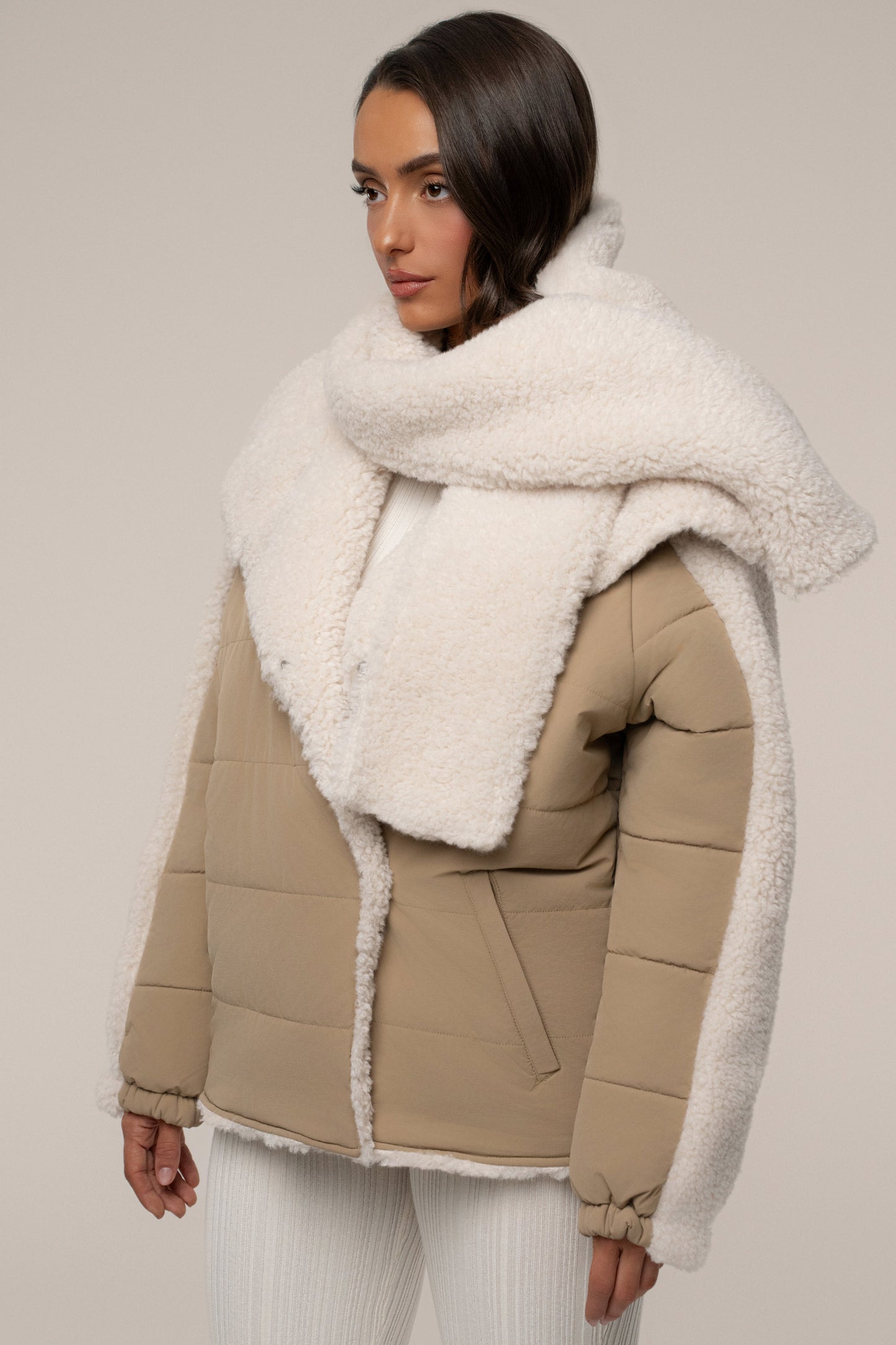 Beige/Ivory Contrast Sherpa Jacket JLUXLABEL
