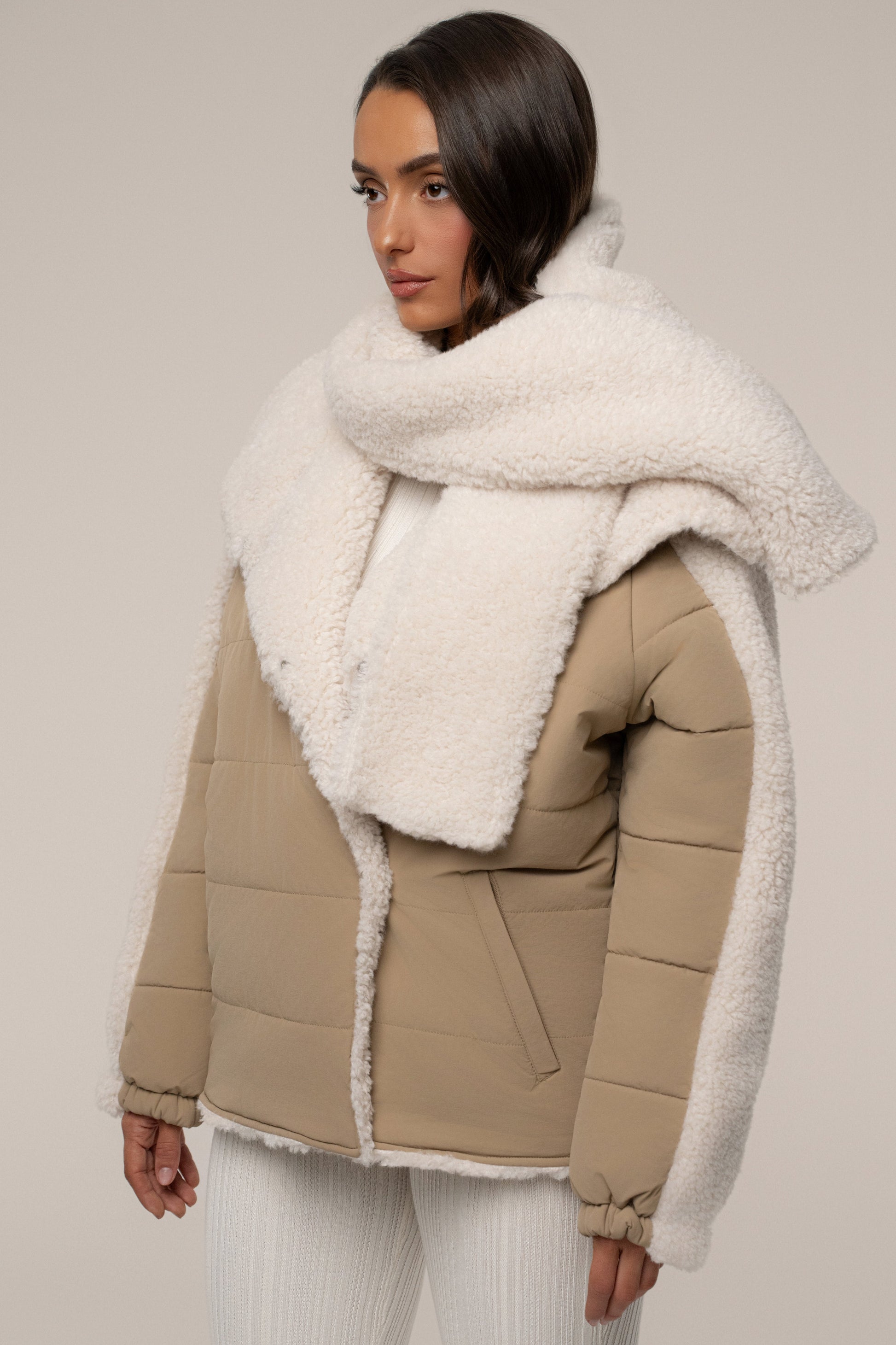 Beige/Ivory Contrast Sherpa Jacket JLUXLABEL