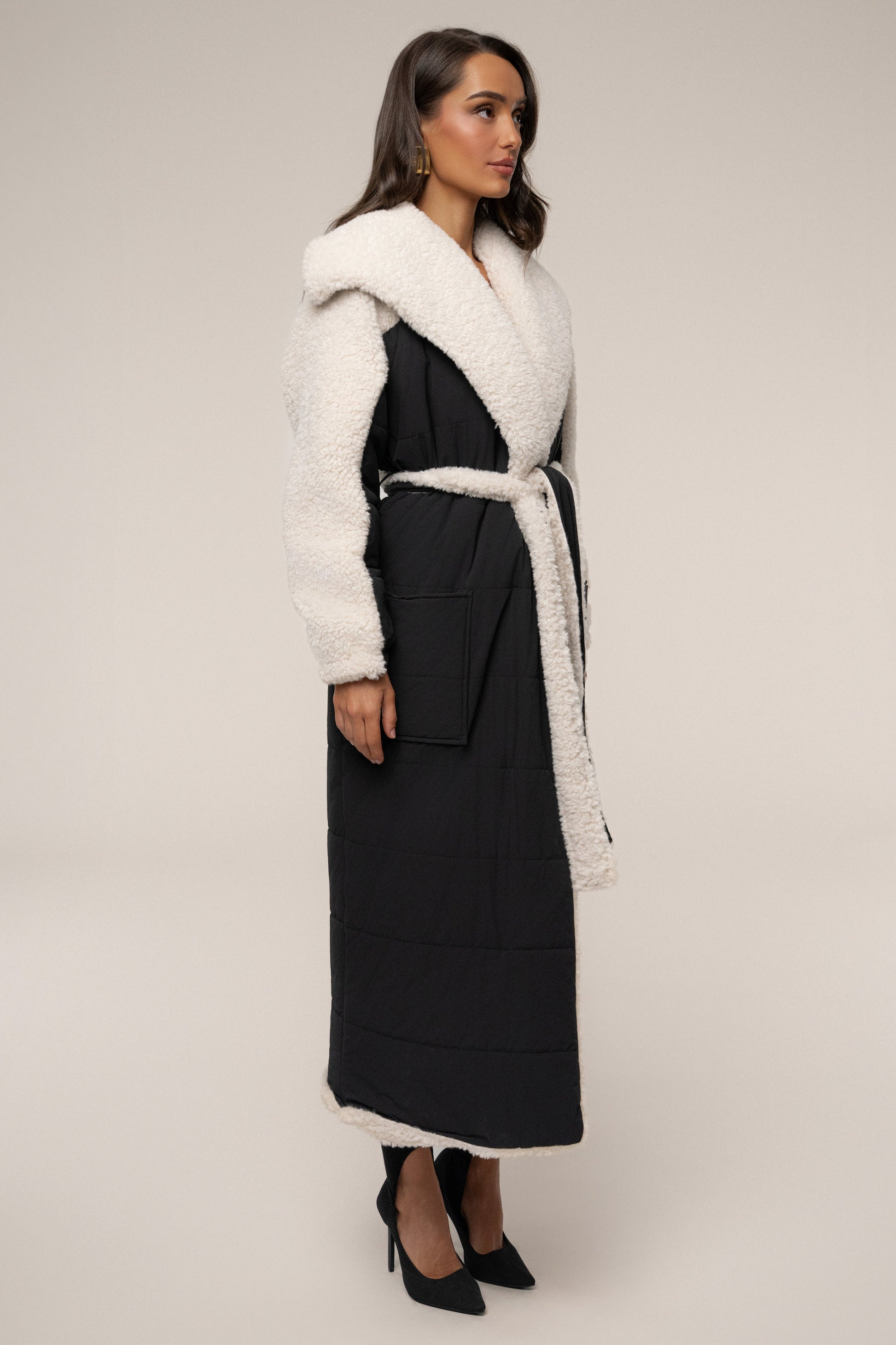 Black/Ivory Contrast Sherpa Coat JLUXLABEL