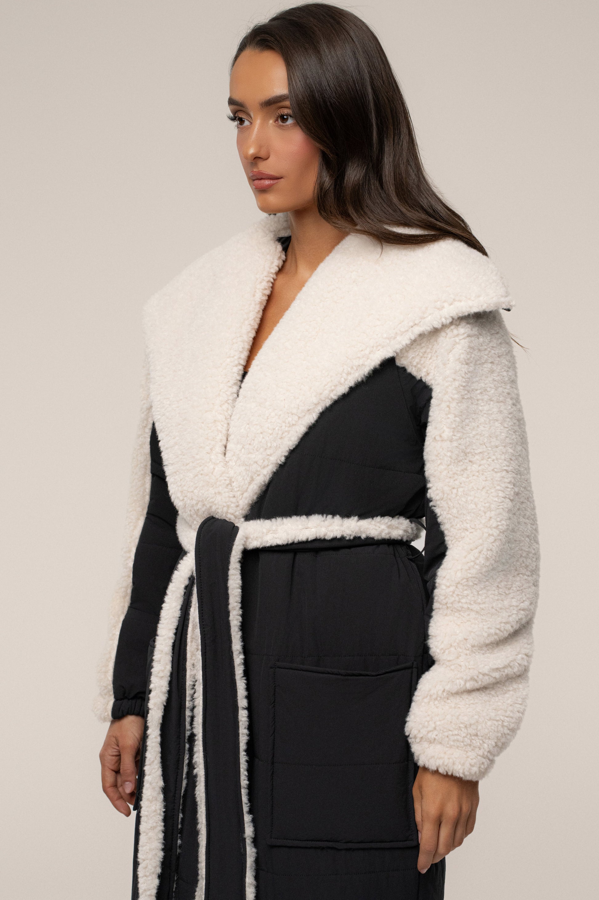 Black/Ivory Contrast Sherpa Coat JLUXLABEL