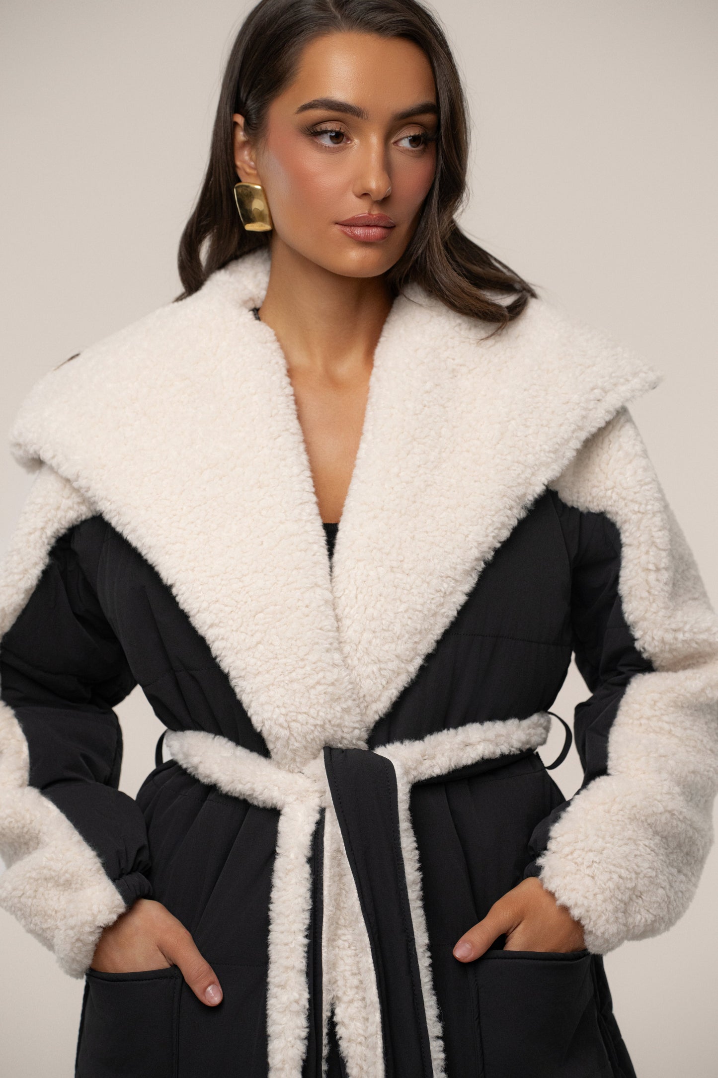 Black/Ivory Contrast Sherpa Coat JLUXLABEL