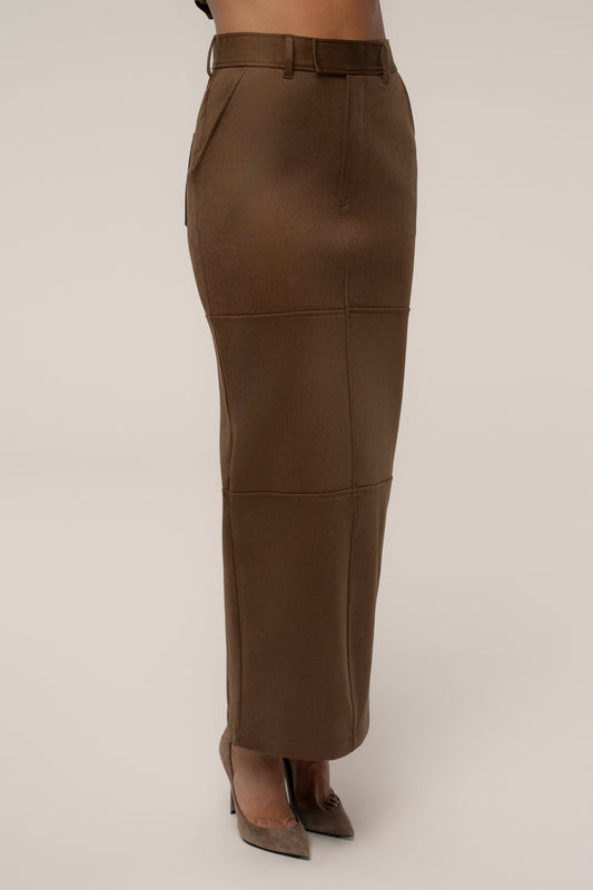 Chocolate Joy Suede Maxi Skirt JLUXLABEL