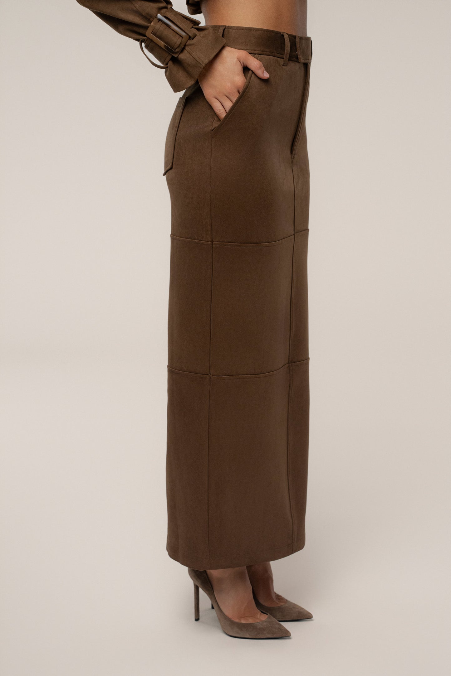 Chocolate Joy Suede Maxi Skirt JLUXLABEL