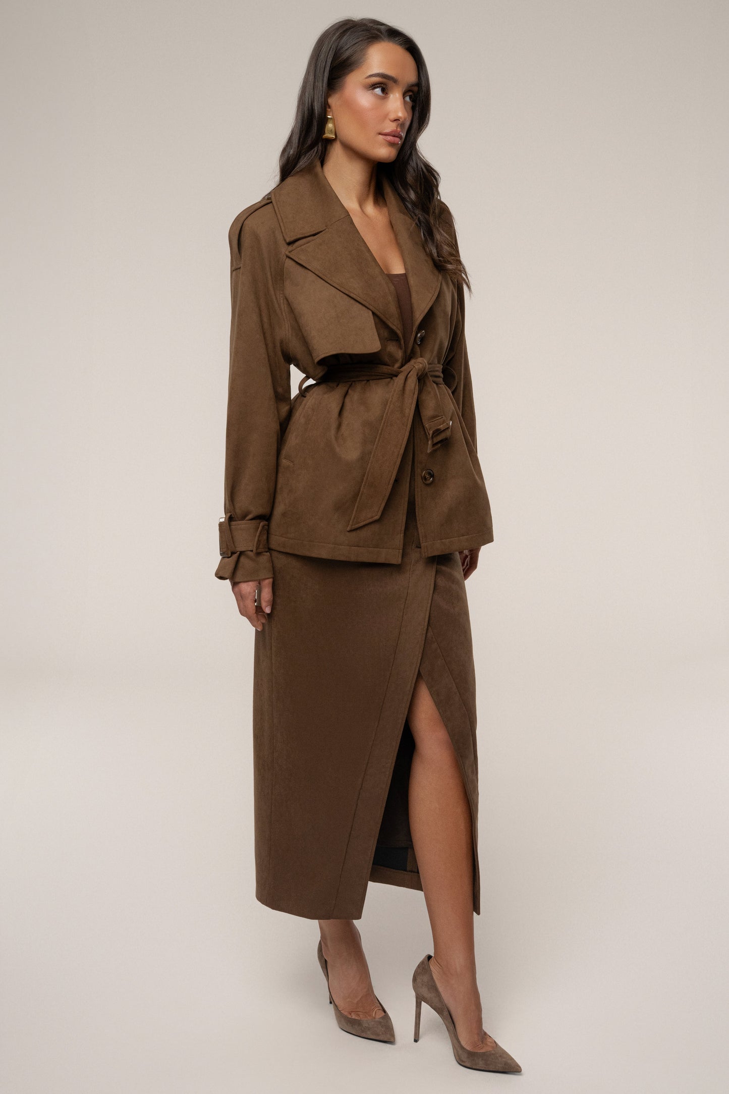 Chocolate Audrey Suede Midi Skirt JLUXLABEL