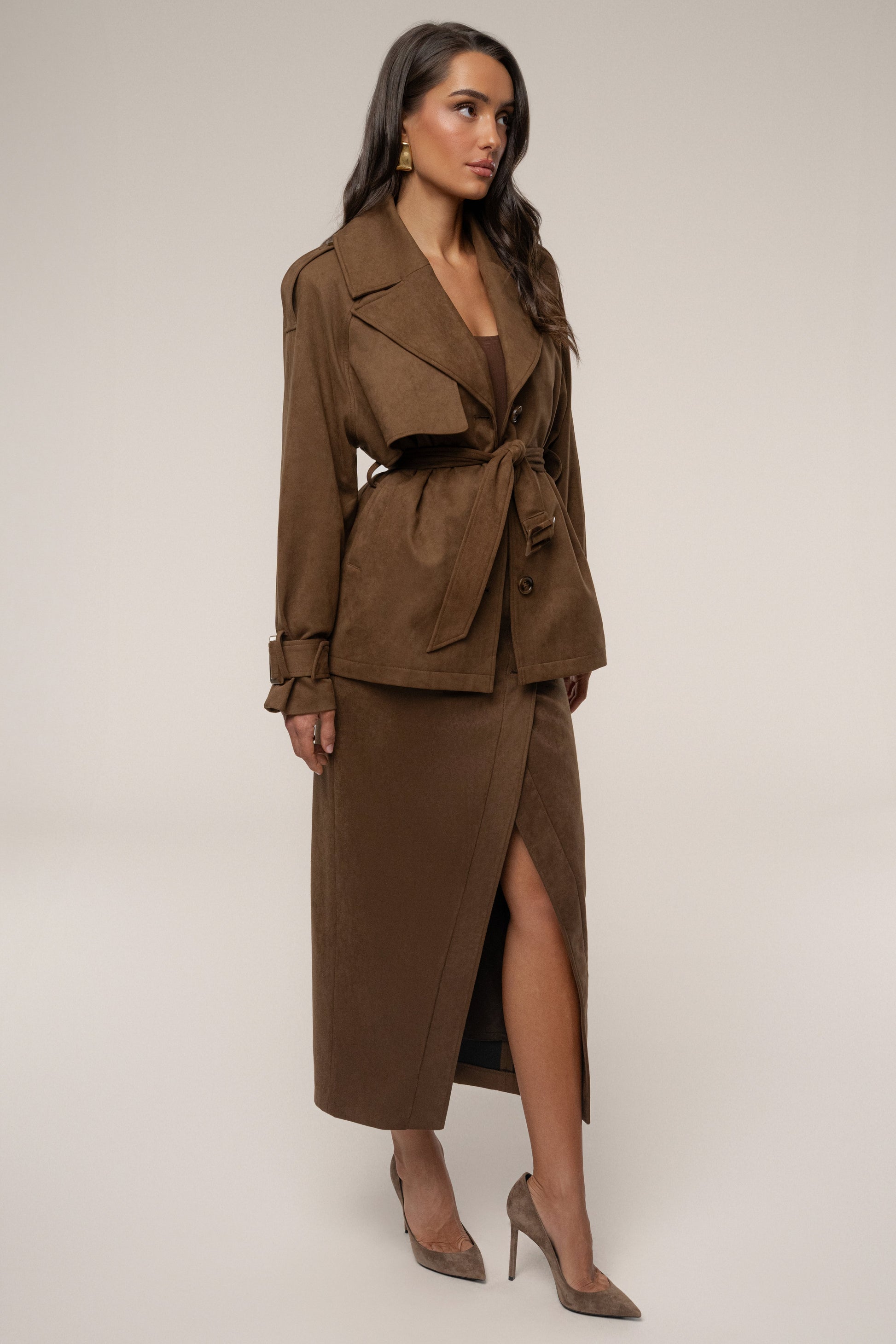 Chocolate Audrey Suede Midi Skirt JLUXLABEL
