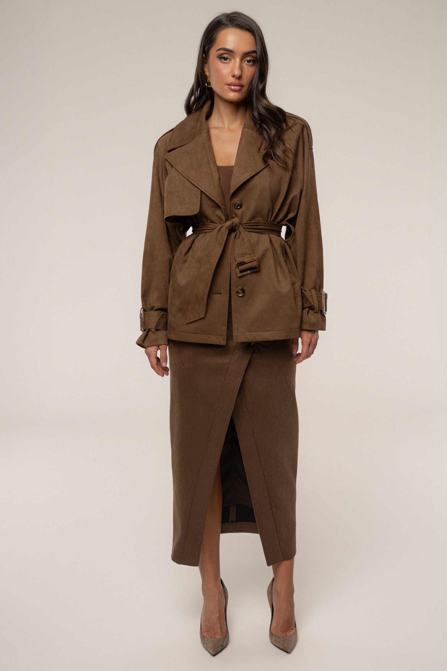 Chocolate Audrey Suede Midi Skirt JLUXLABEL