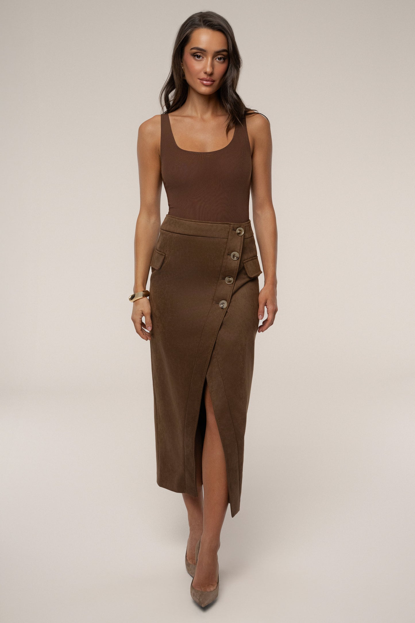 Chocolate Audrey Suede Midi Skirt JLUXLABEL