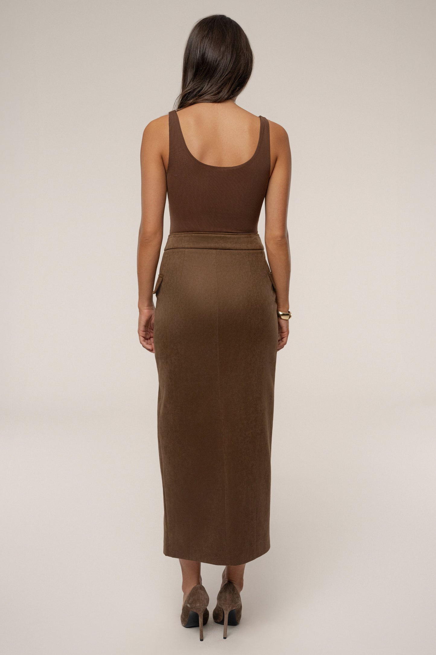 Chocolate Audrey Suede Midi Skirt JLUXLABEL