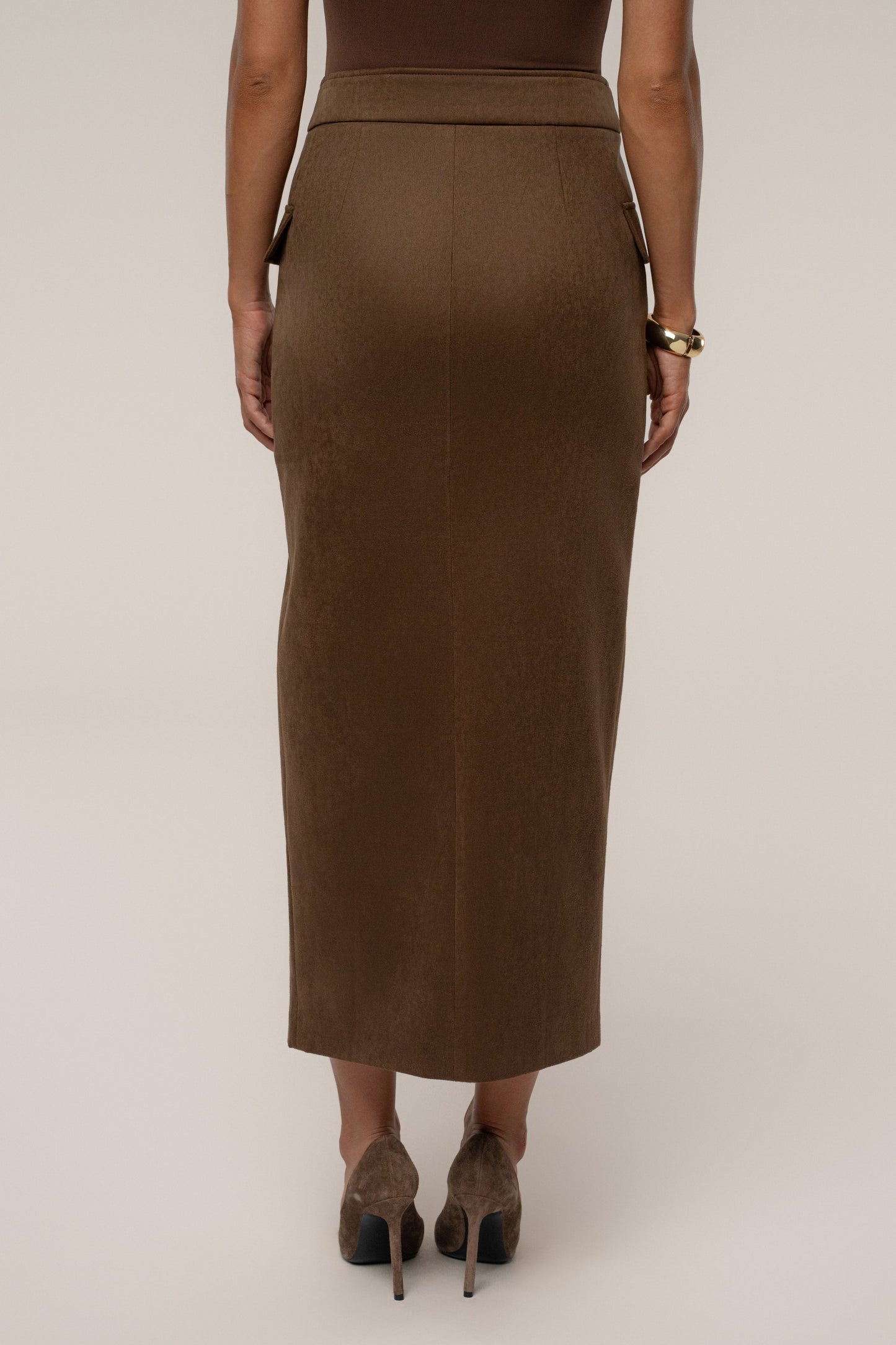 Chocolate Audrey Suede Midi Skirt JLUXLABEL