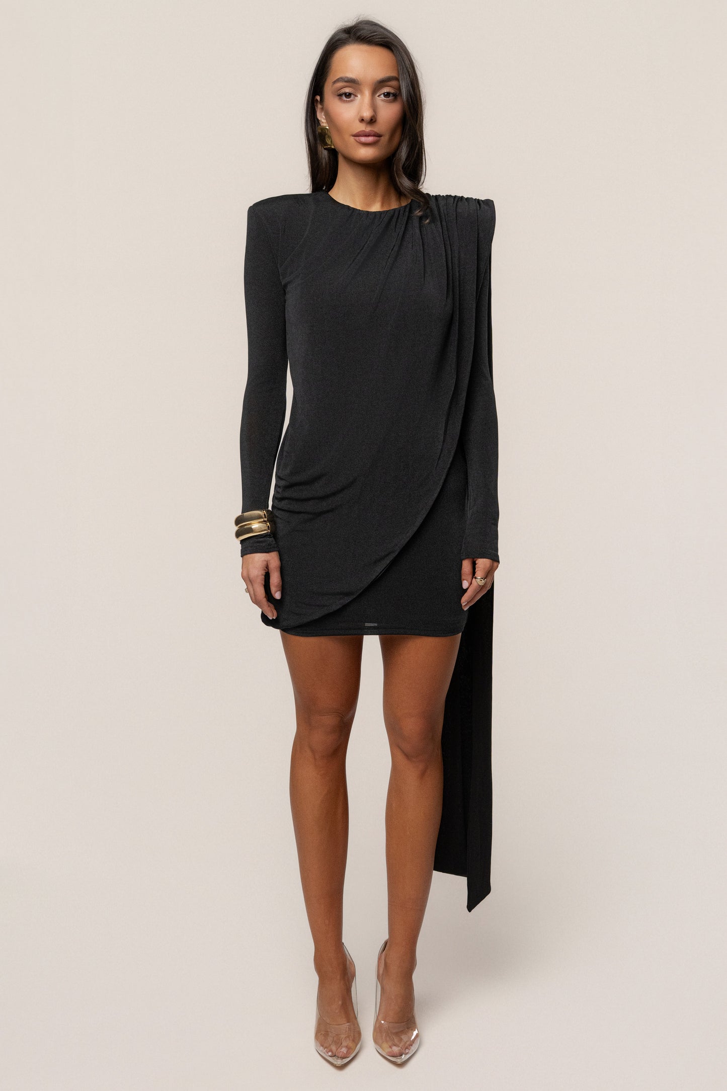 Black Midnight Draped  Mini Dress JLUXLABEL