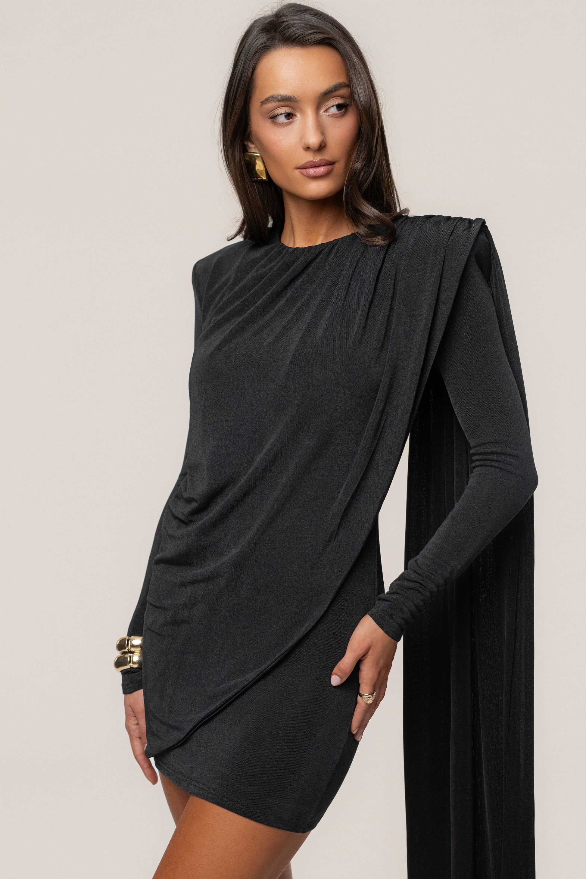 Black Midnight Draped  Mini Dress JLUXLABEL