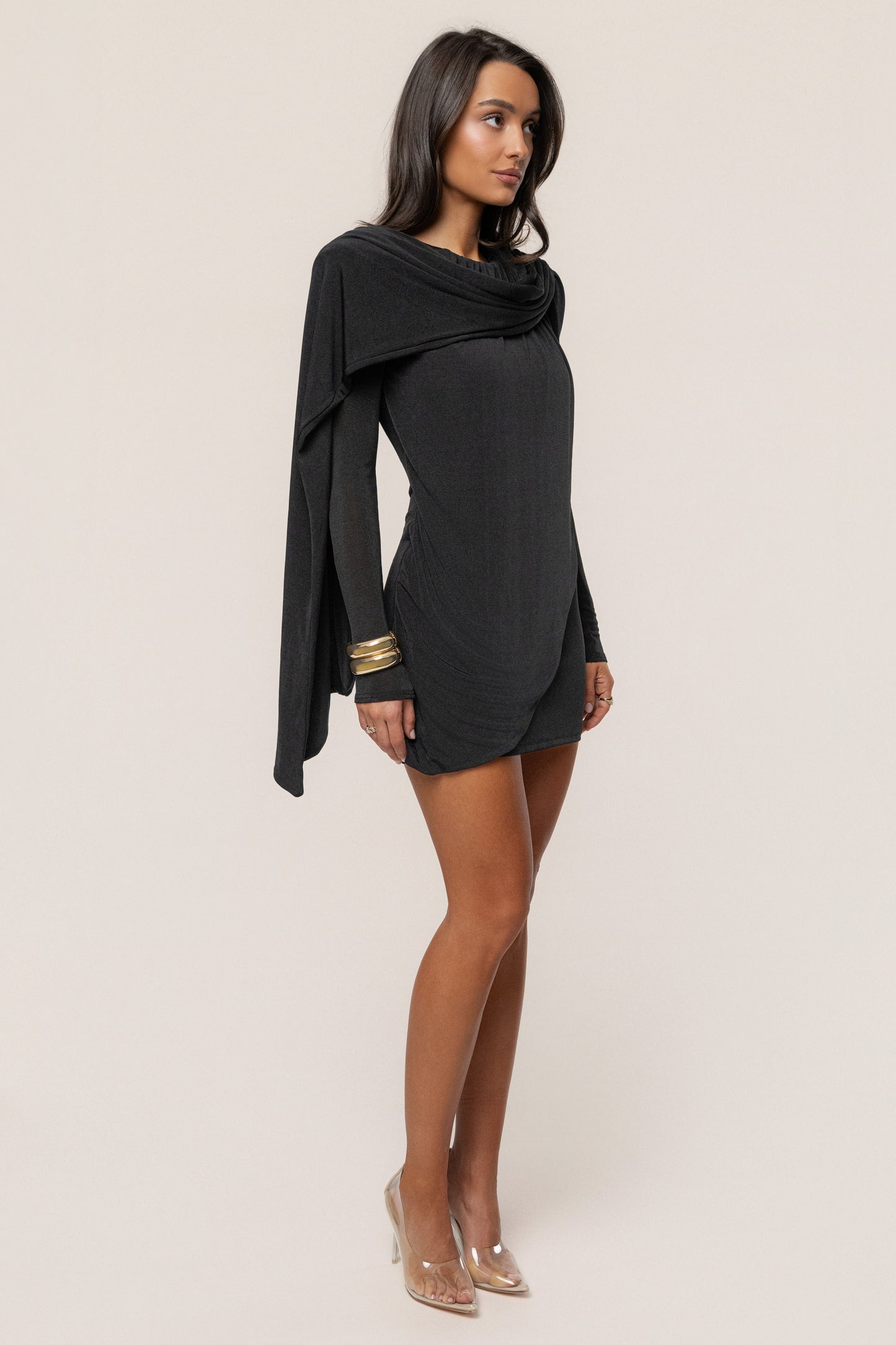 Black Midnight Draped  Mini Dress JLUXLABEL