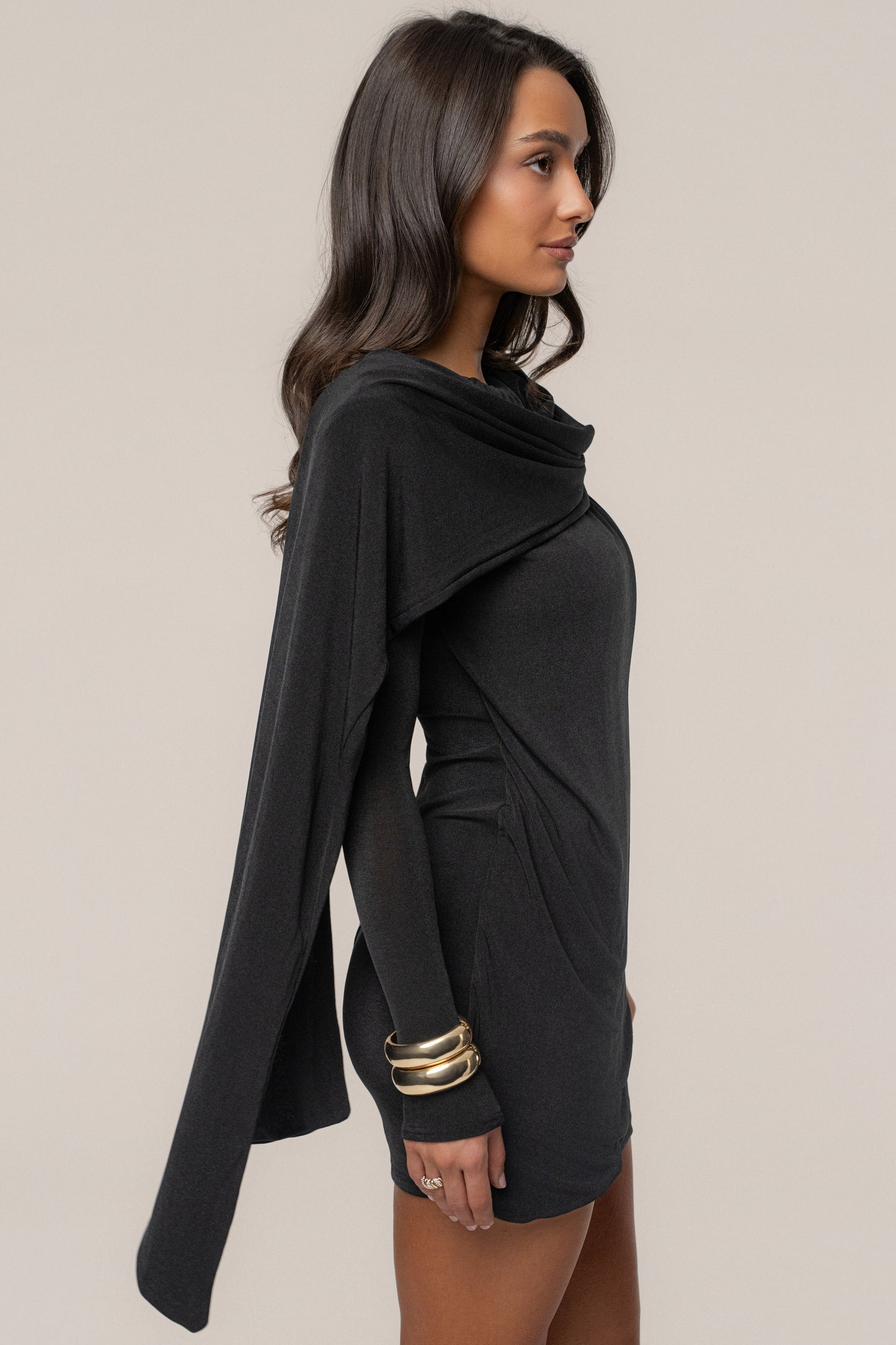 Black Midnight Draped  Mini Dress JLUXLABEL