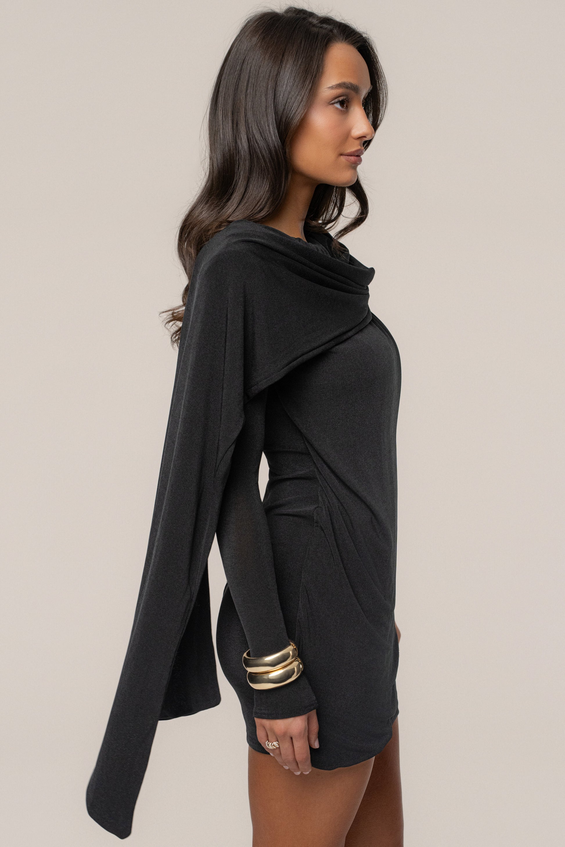 Black Midnight Draped  Mini Dress JLUXLABEL