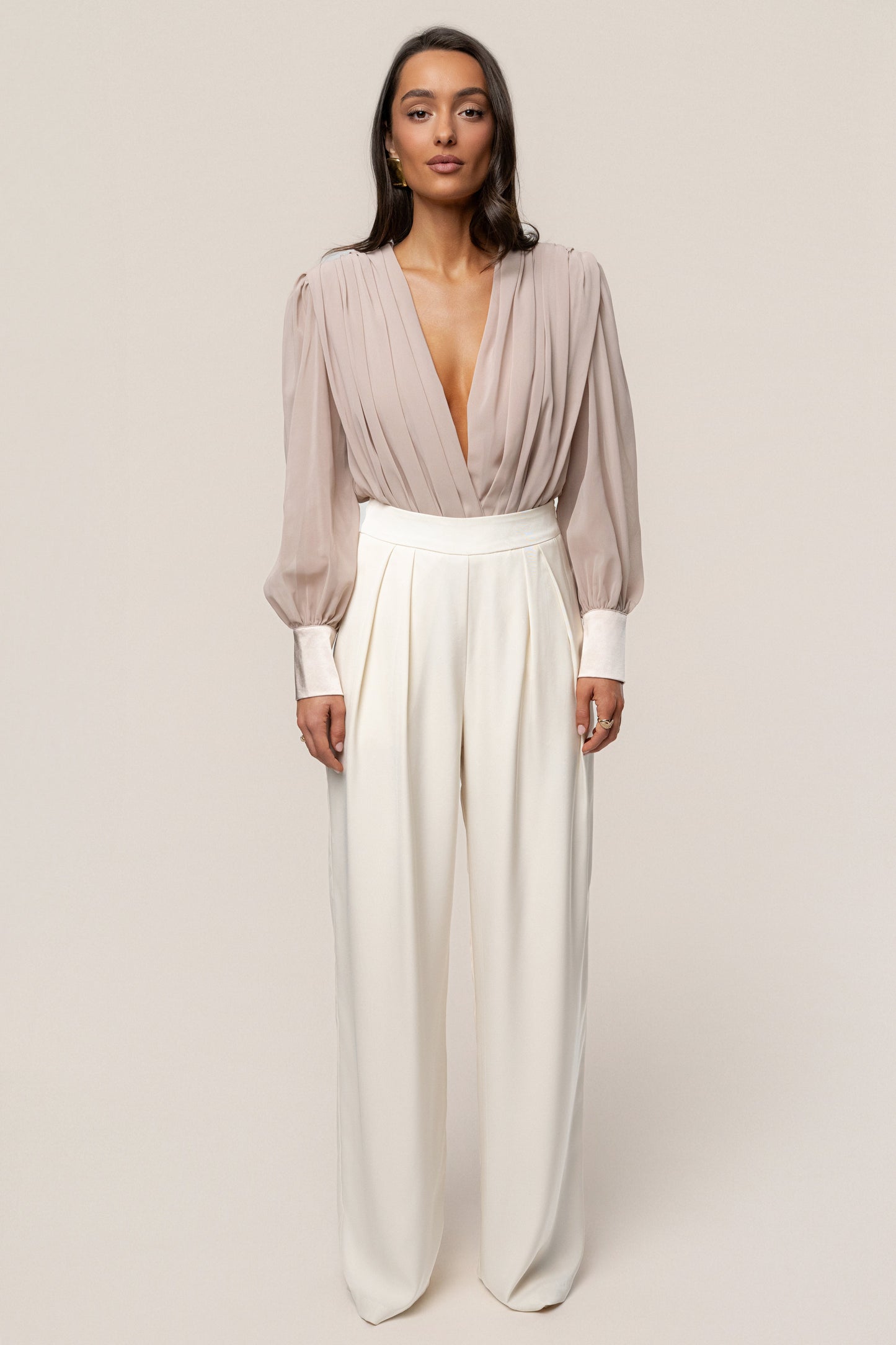 Beige Refined Pleated Chiffon Top NEWFASHIONEDGE