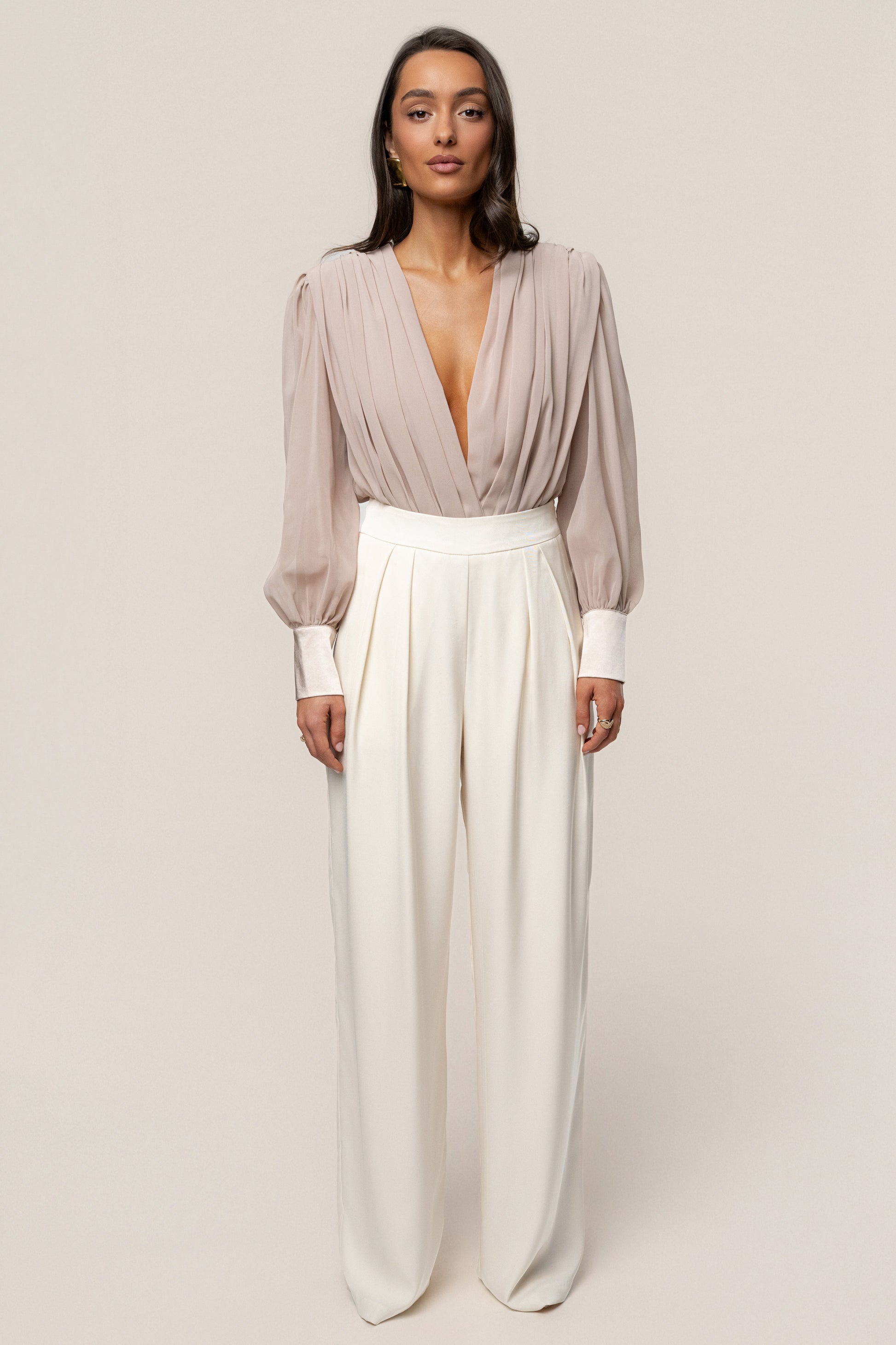 Beige Refined Pleated Chiffon Top NEWFASHIONEDGE