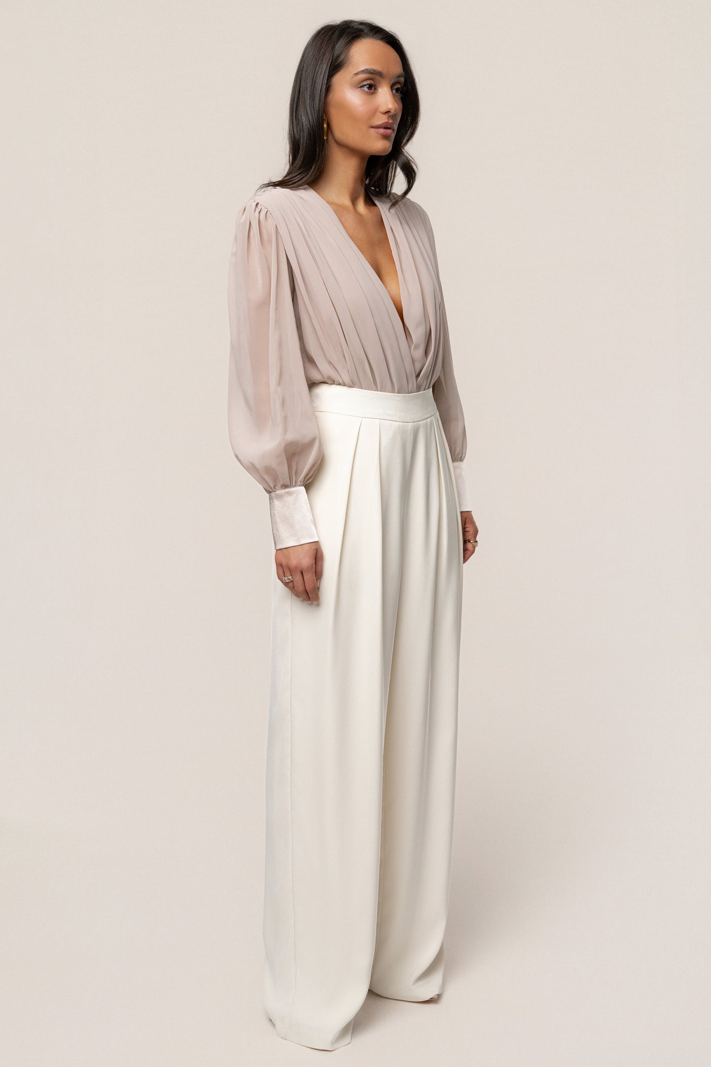 Beige Refined Pleated Chiffon Top NEWFASHIONEDGE