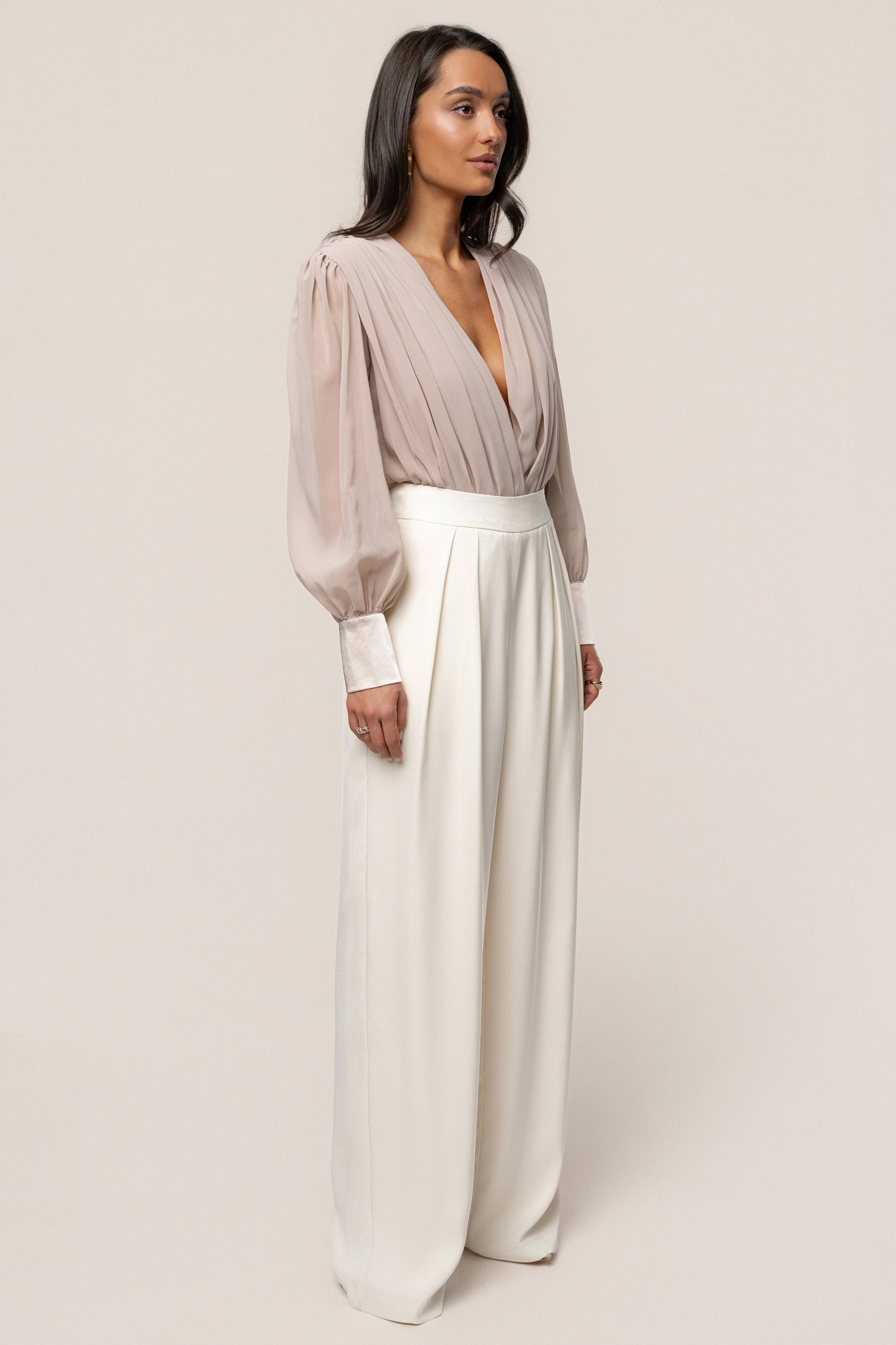 Beige Refined Pleated Chiffon Top NEWFASHIONEDGE