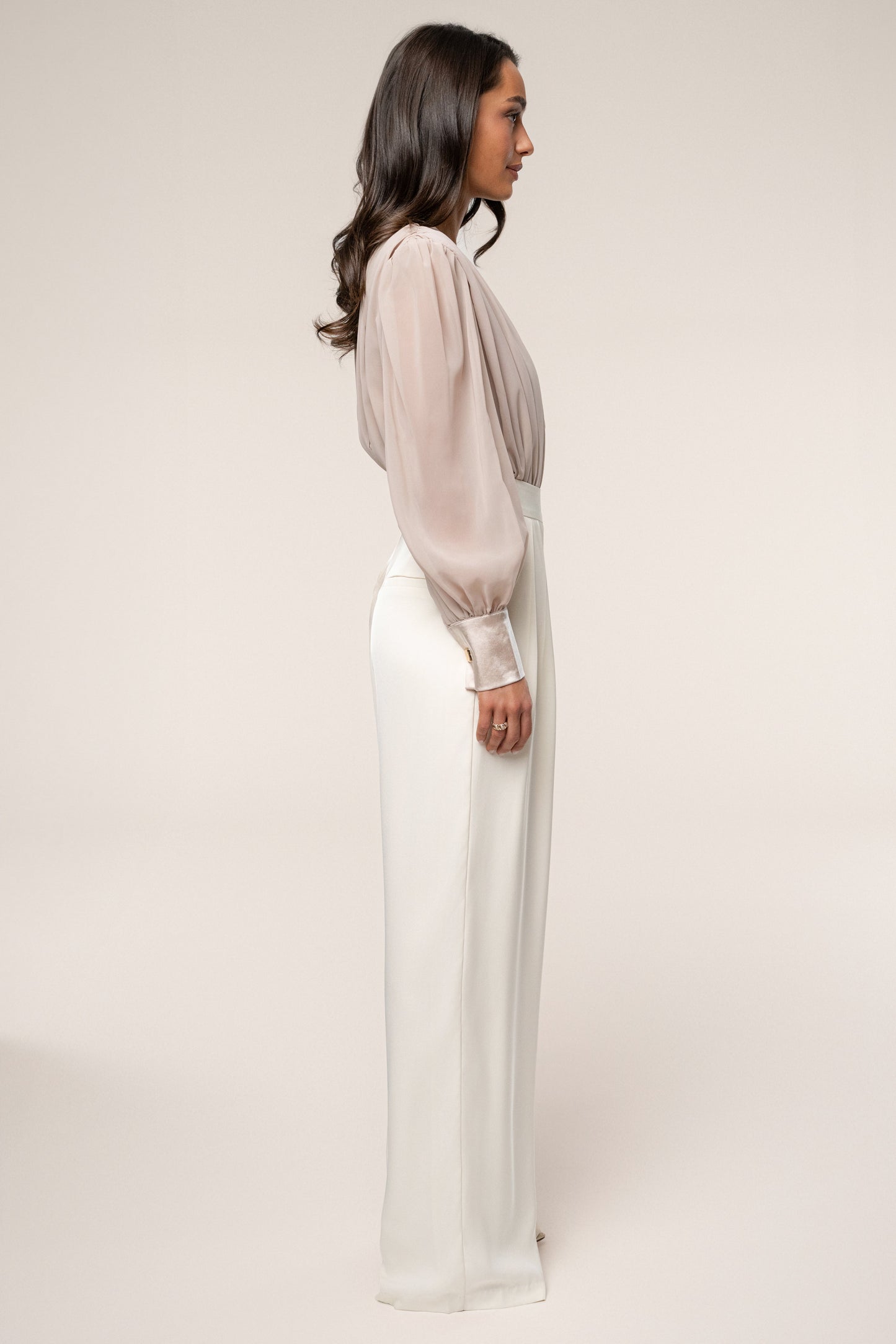 Beige Refined Pleated Chiffon Top NEWFASHIONEDGE