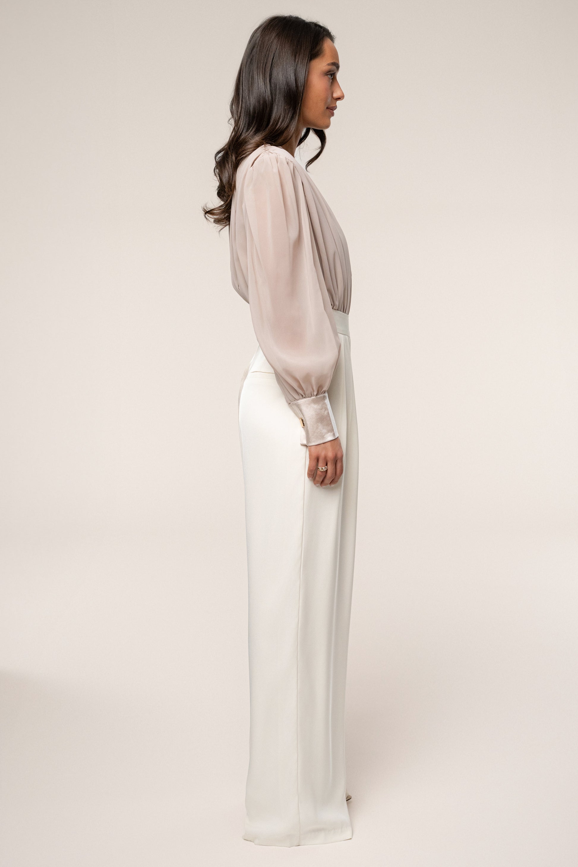 Beige Refined Pleated Chiffon Top NEWFASHIONEDGE