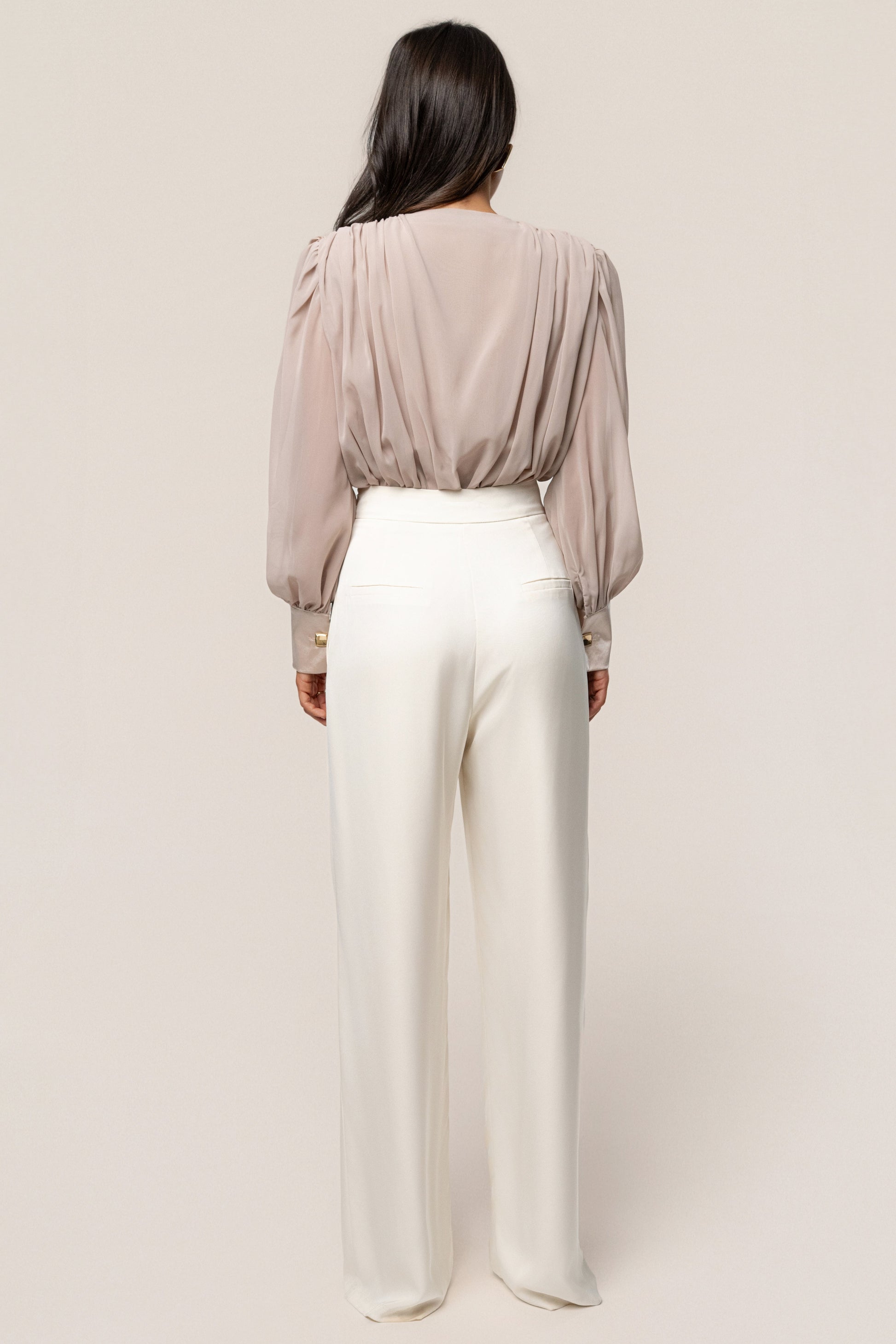 Beige Refined Pleated Chiffon Top NEWFASHIONEDGE