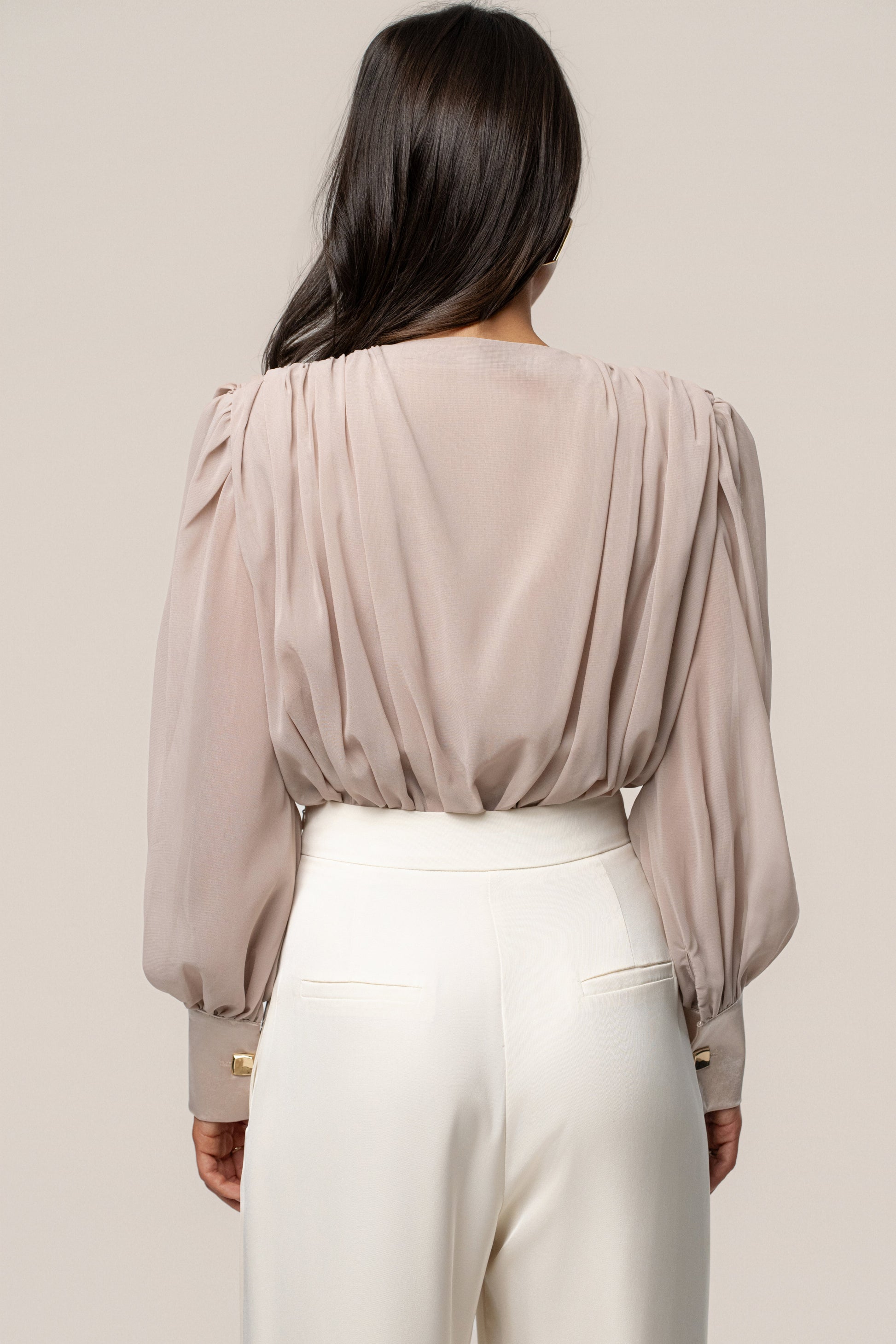 Beige Refined Pleated Chiffon Top NEWFASHIONEDGE