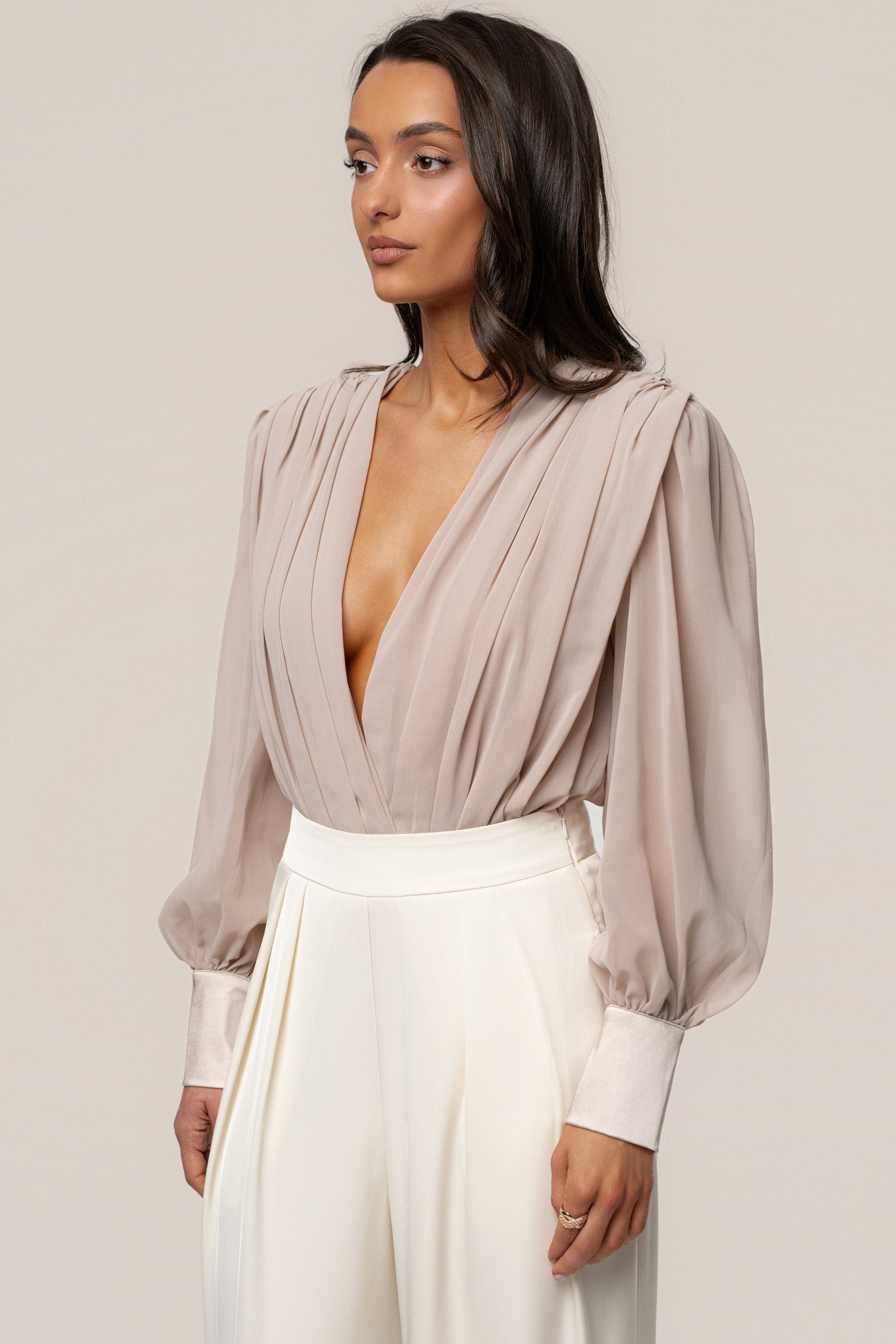 Beige Refined Pleated Chiffon Top NEWFASHIONEDGE