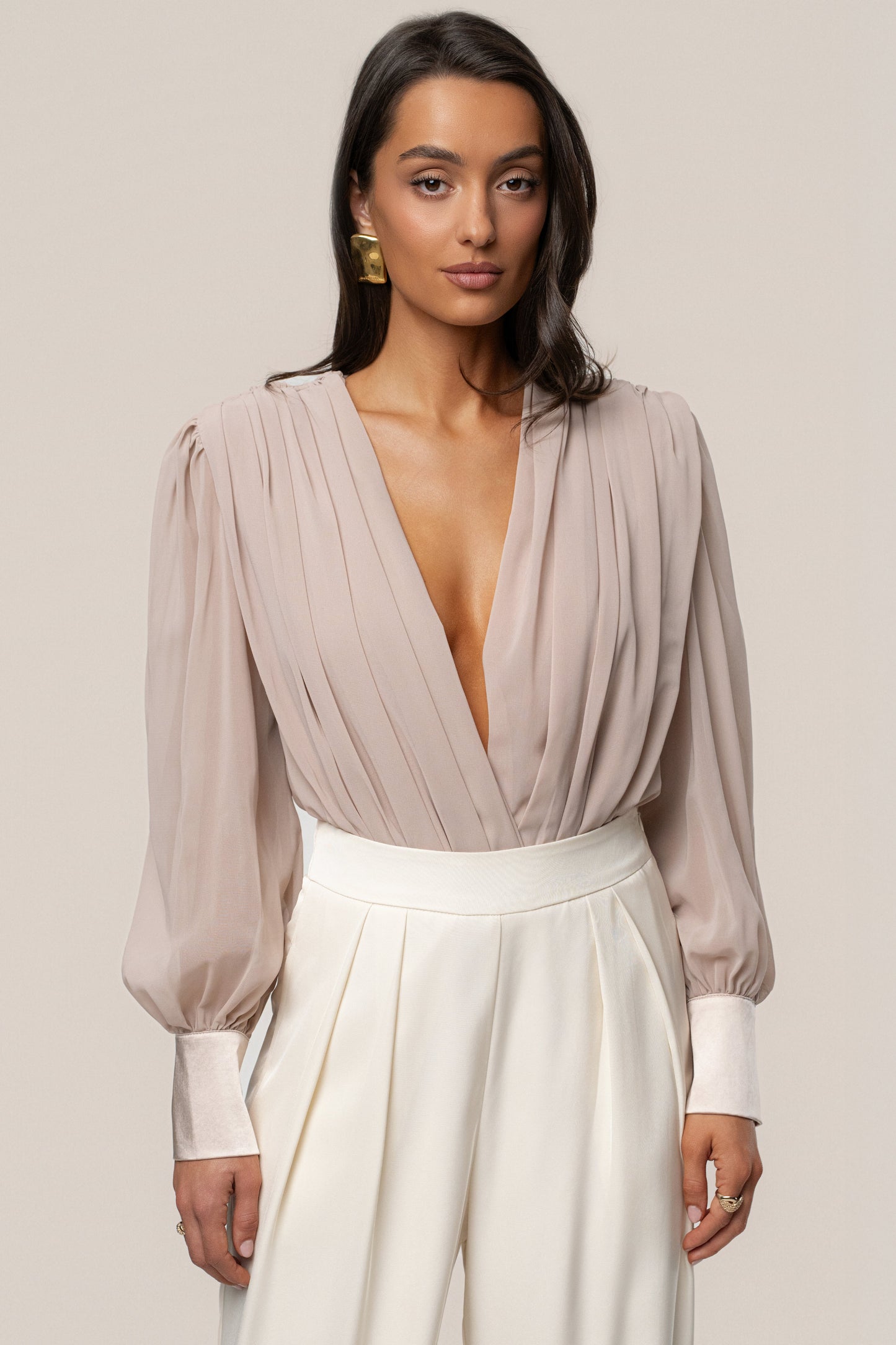 Beige Refined Pleated Chiffon Top NEWFASHIONEDGE