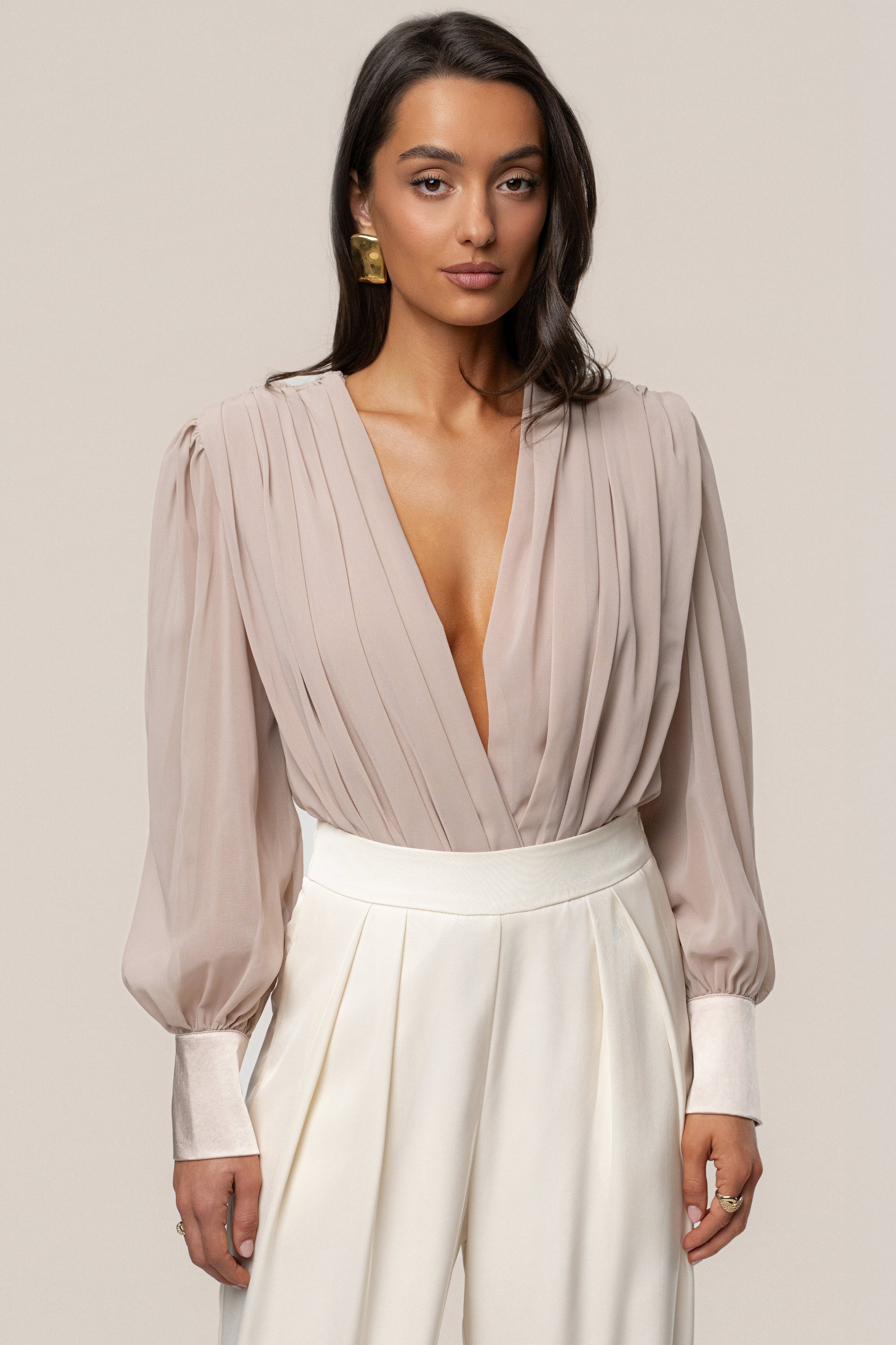 Beige Refined Pleated Chiffon Top NEWFASHIONEDGE