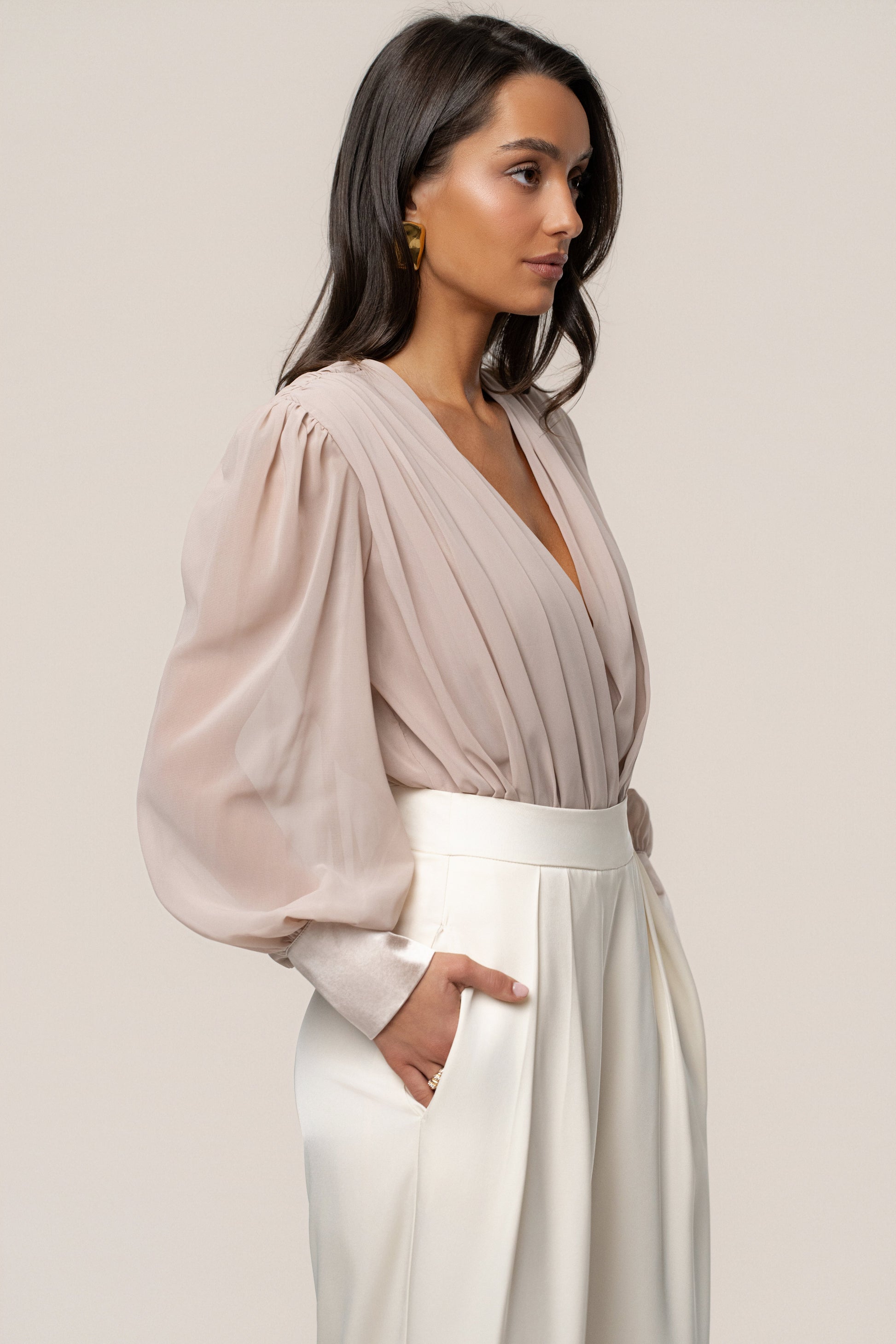 Beige Refined Pleated Chiffon Top NEWFASHIONEDGE