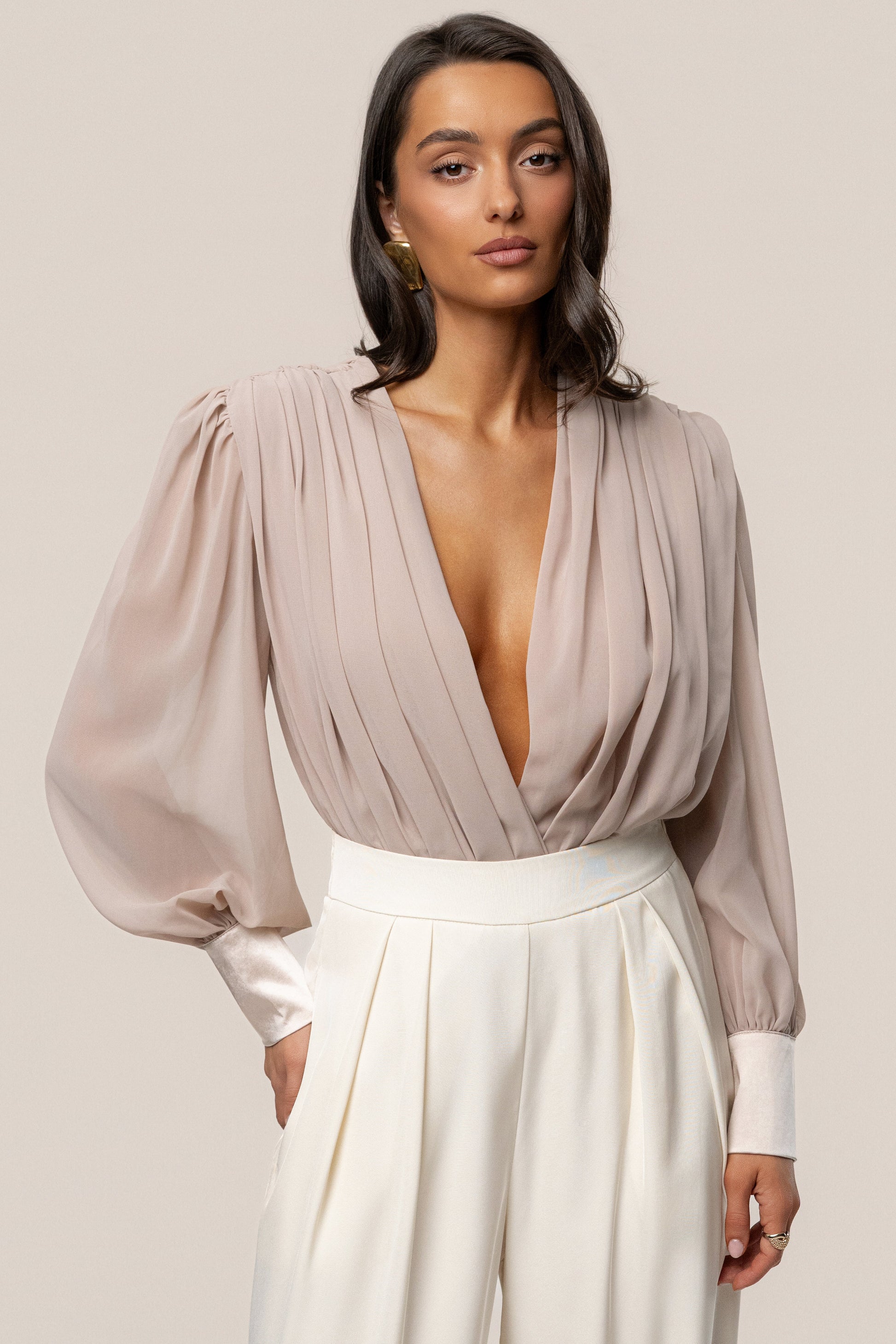 Beige Refined Pleated Chiffon Top NEWFASHIONEDGE