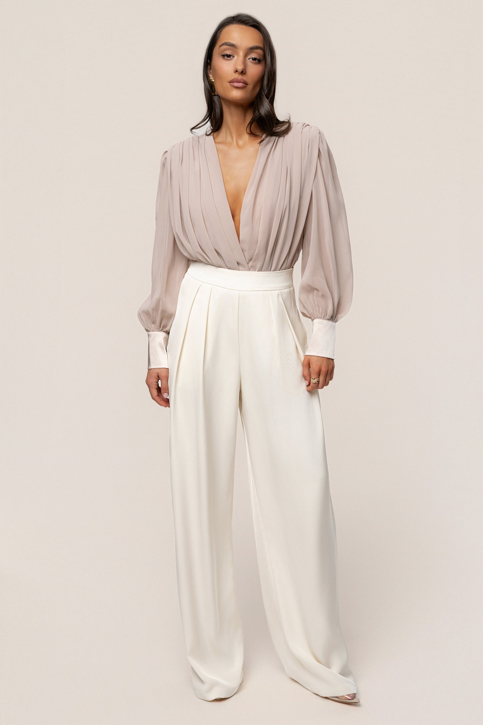 Beige Refined Pleated Chiffon Top NEWFASHIONEDGE
