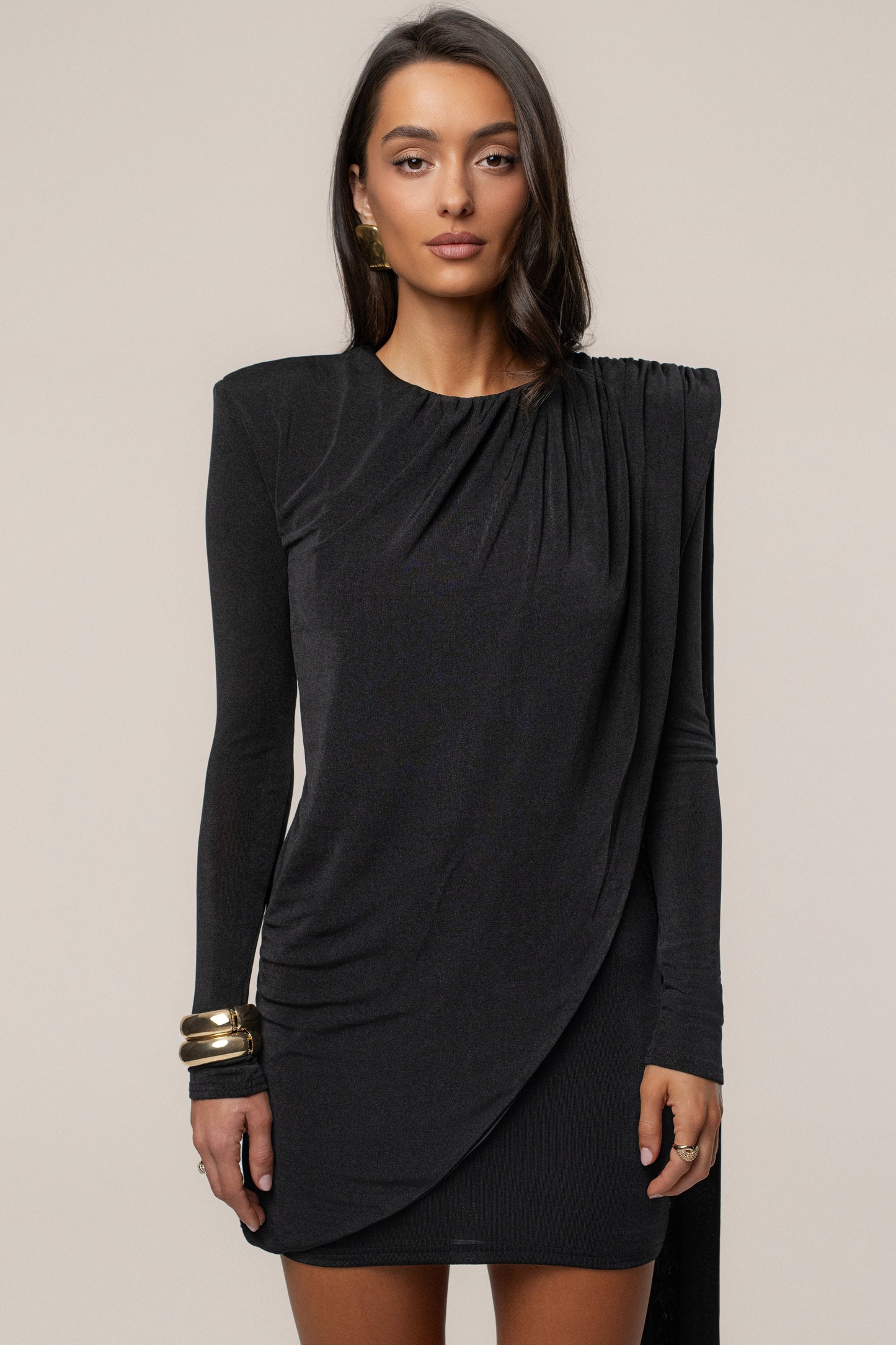 Black Midnight Draped  Mini Dress JLUXLABEL